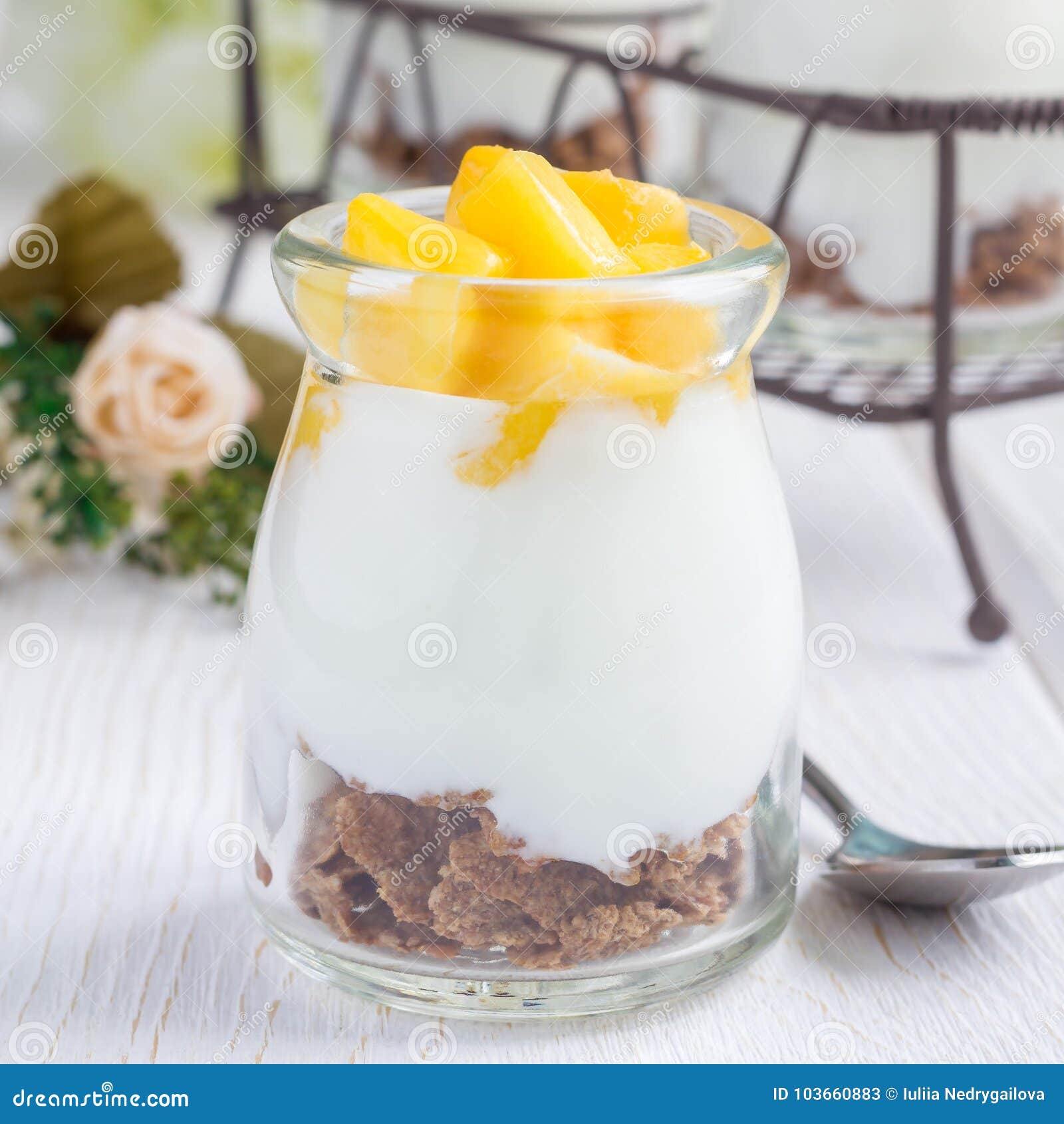 Breakfast Dessert with Bran Flakes, Plain Yogurt and Mango, Square