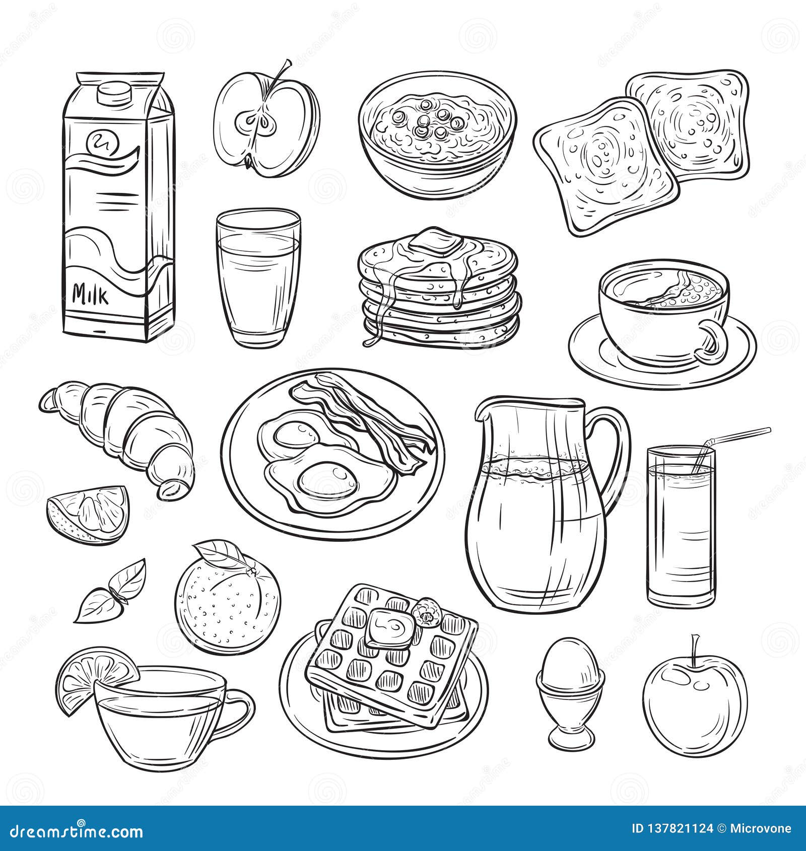 Food icons. Vegetables, fruits, fish, drinks, sweets. Contour drawing with  colored spots. For menus of restaurants, shops and printing. Vector cartoon  Illustration 5083376 Vector Art at Vecteezy