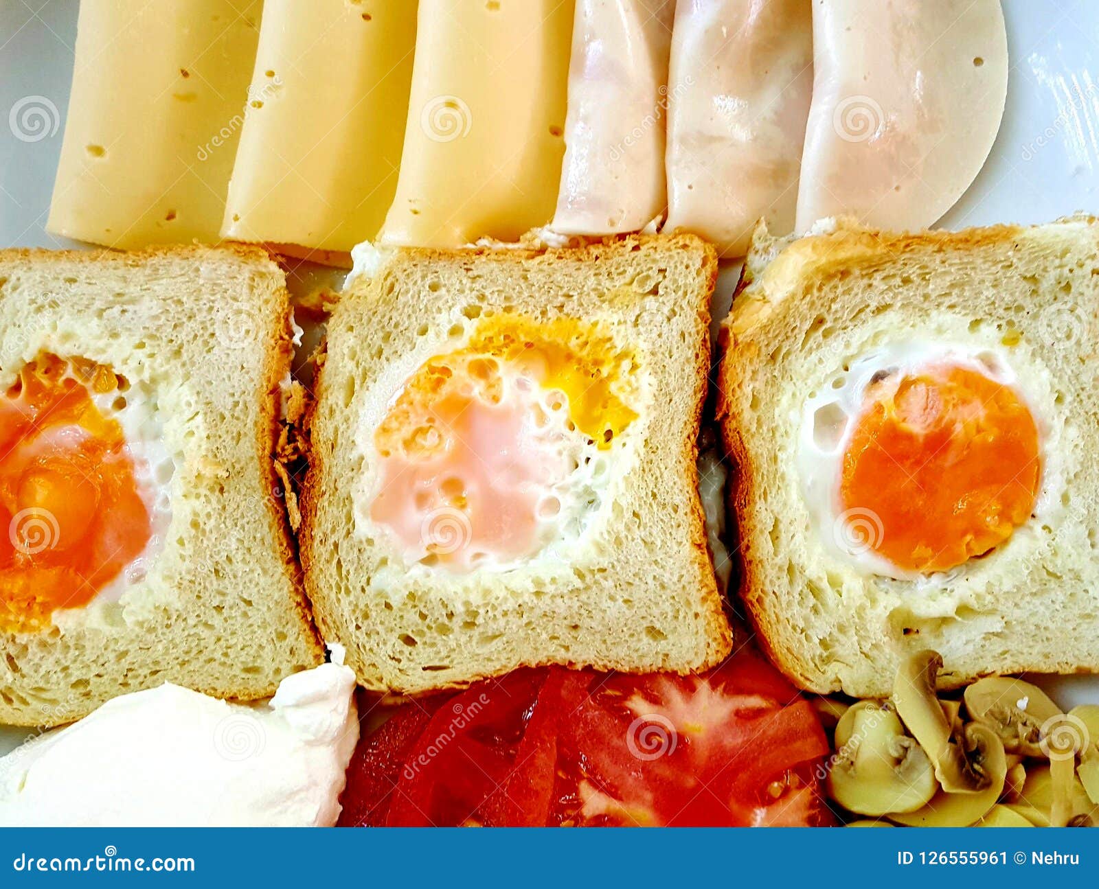 Breakfast, Fried Eggs on a Bread,cheese, Salami Stock Image Image of