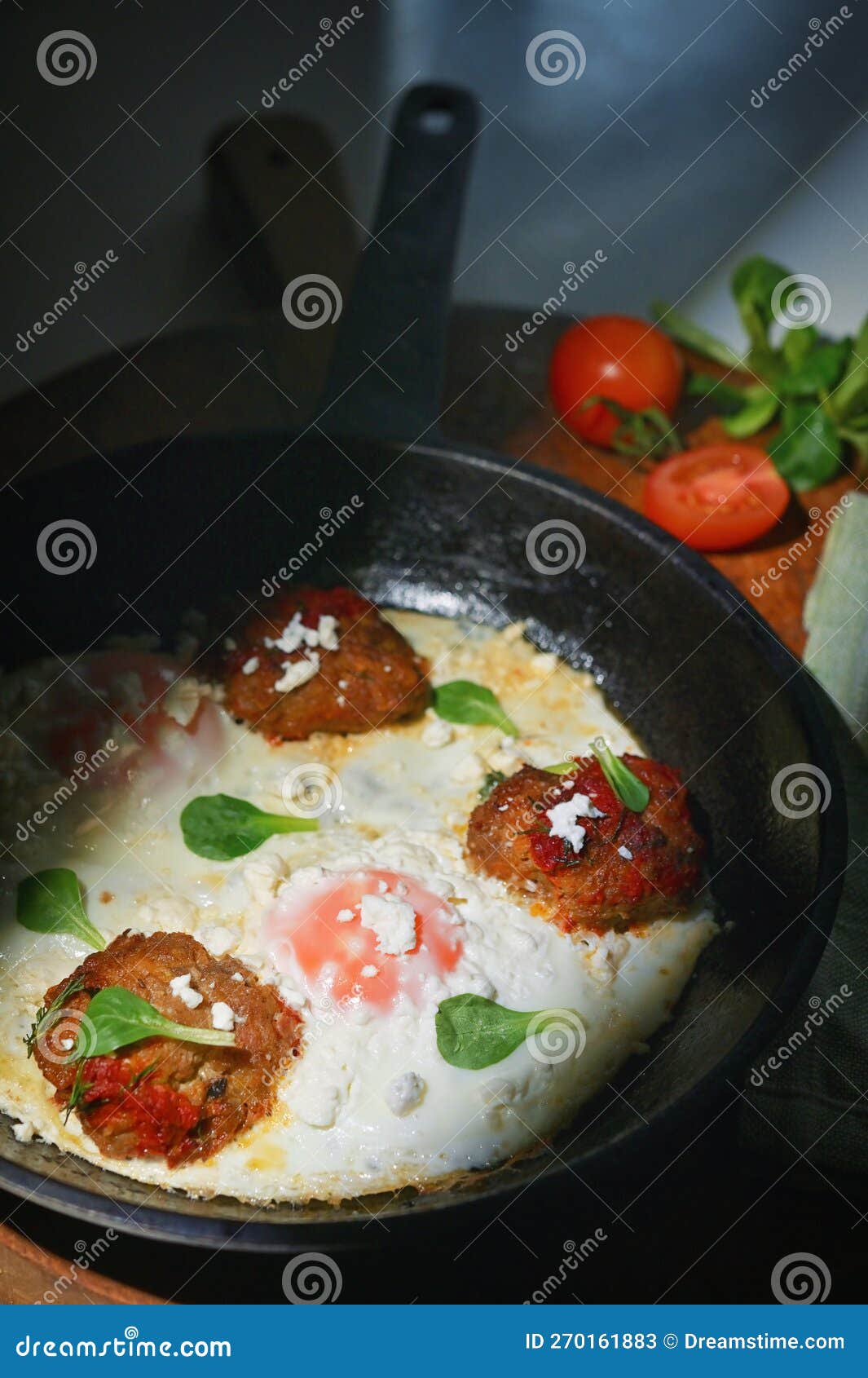 Breakfast Fried Eggs, Cheese and Cooked Meatballs Stock Image Image