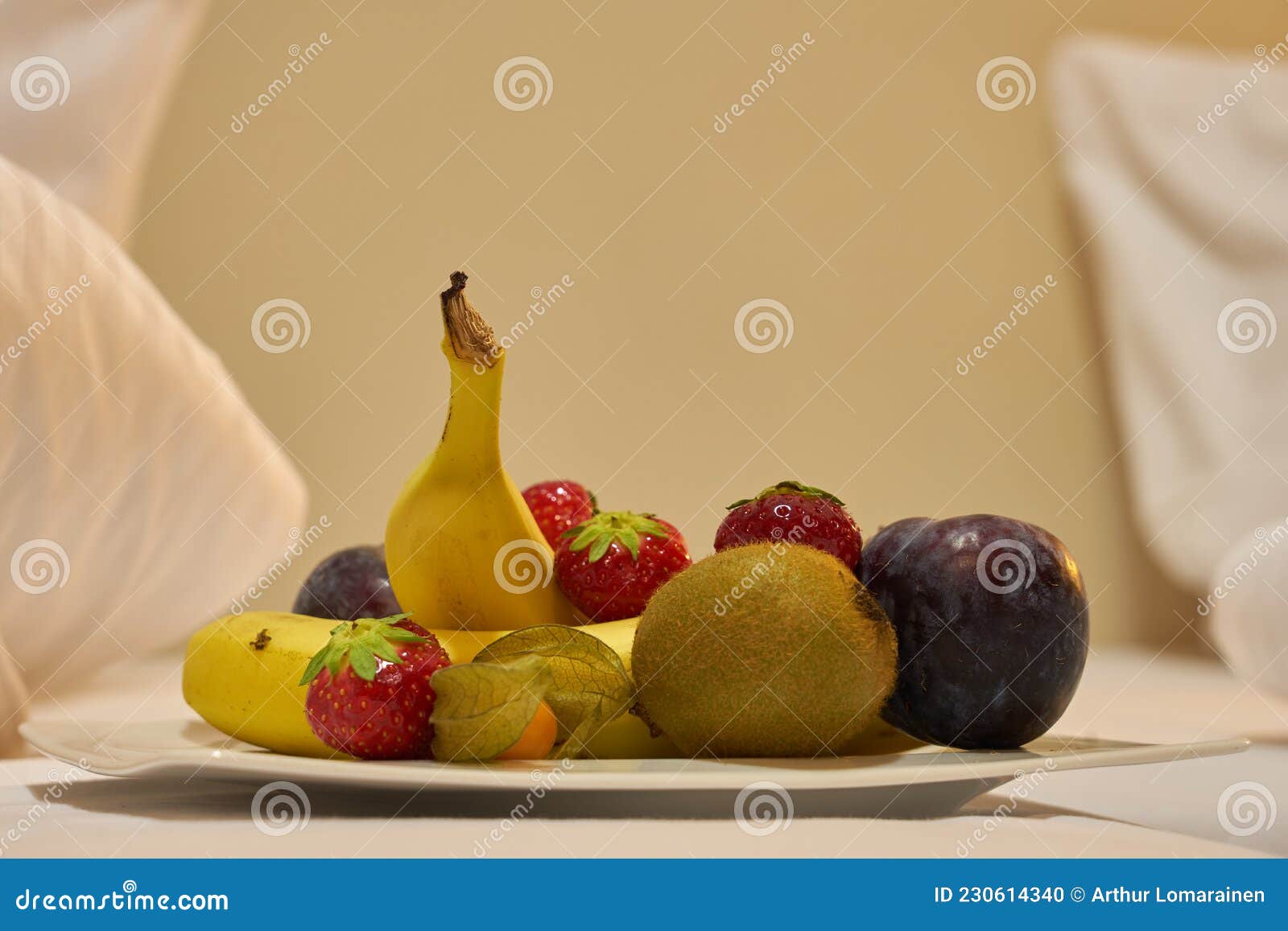 Breakfast of Fruits and Berries in Bed. Stock Photo Image of beverage