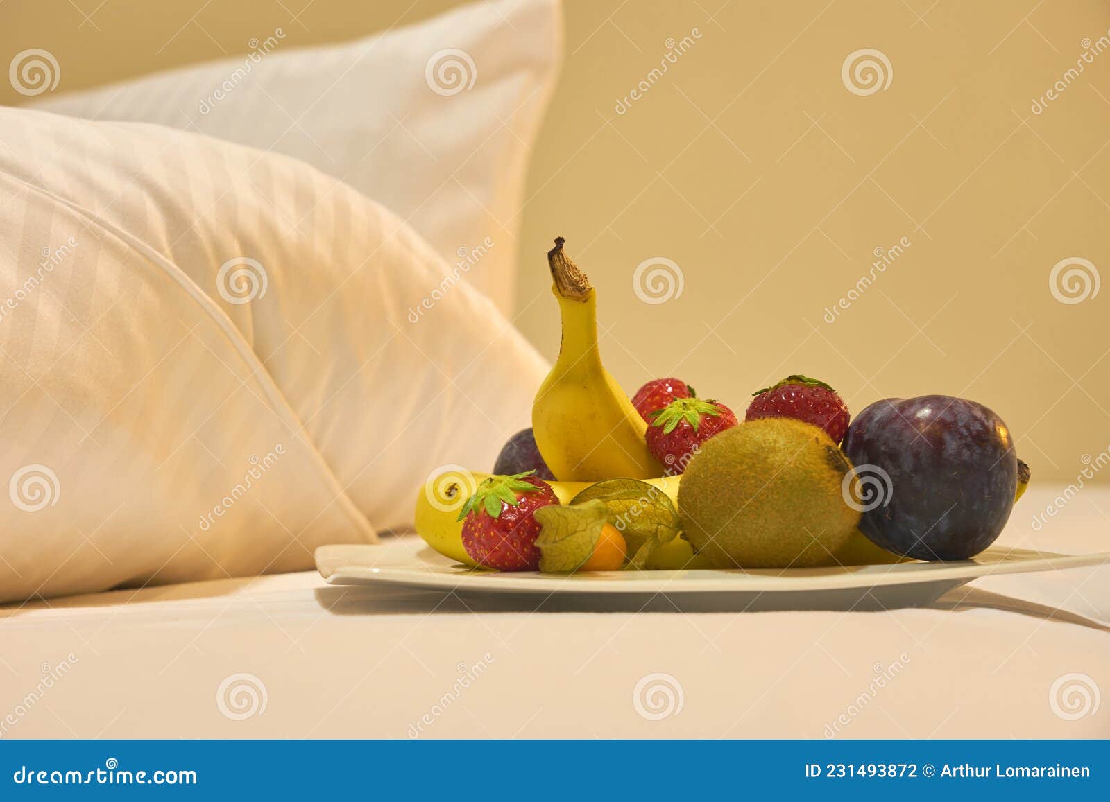 Breakfast of Fruits and Berries in Bed. Stock Photo Image of fresh