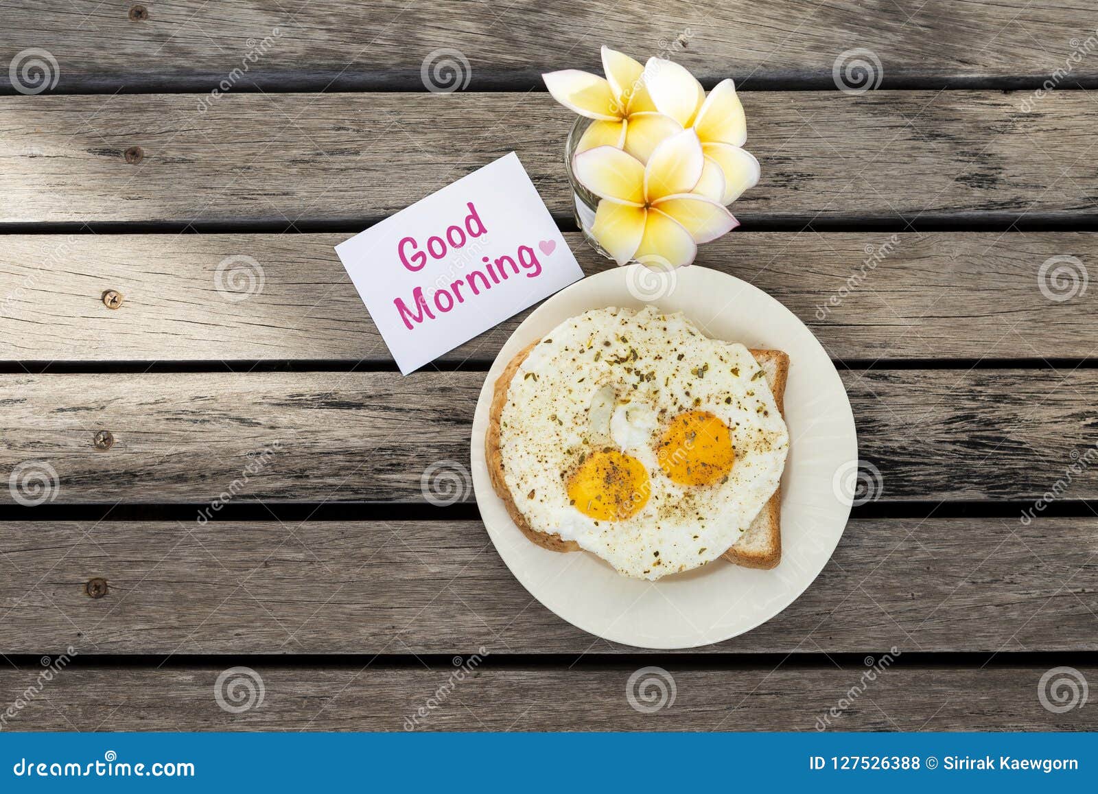 Breakfast with Good Morning Card and Beautiful Flower on Wood ...