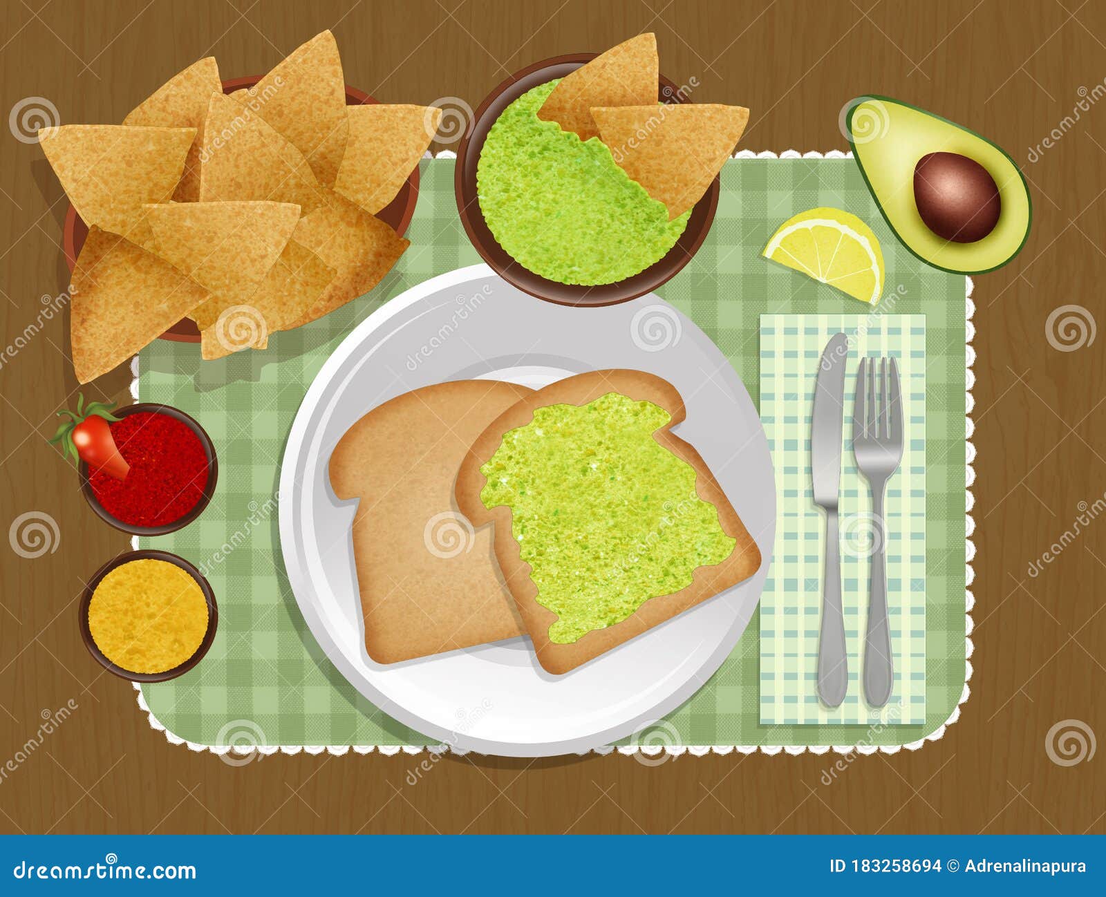Breakfast with Guacamole Sauce and Tortilla Chips Stock Illustration