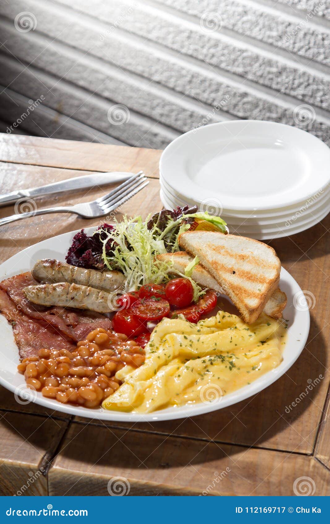 Breakfast with Ham, Bread, Egg, Steak, and More Stock Image - Image of