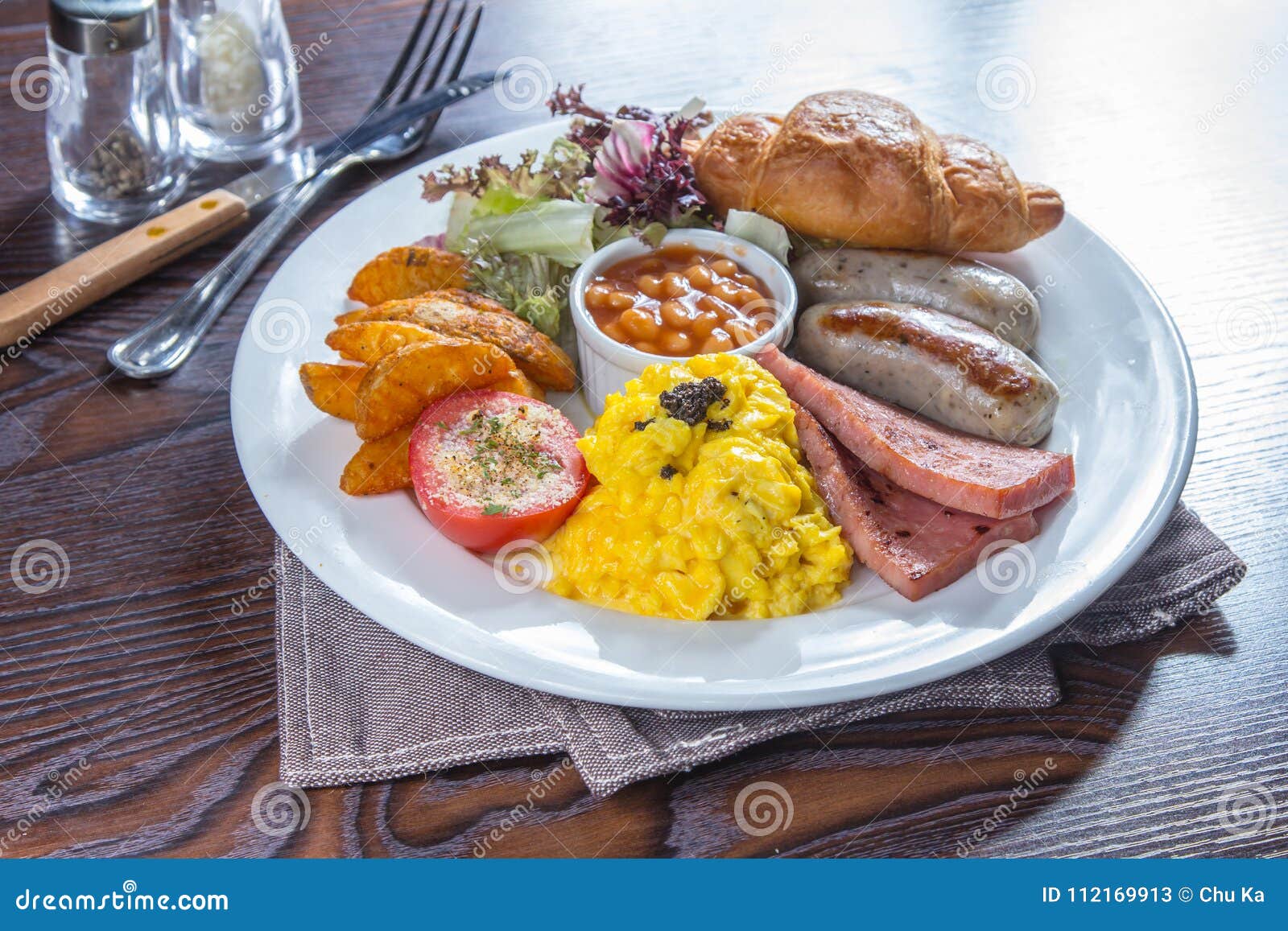 Breakfast with Ham, Bread, Egg, Steak, and More Stock Image - Image of