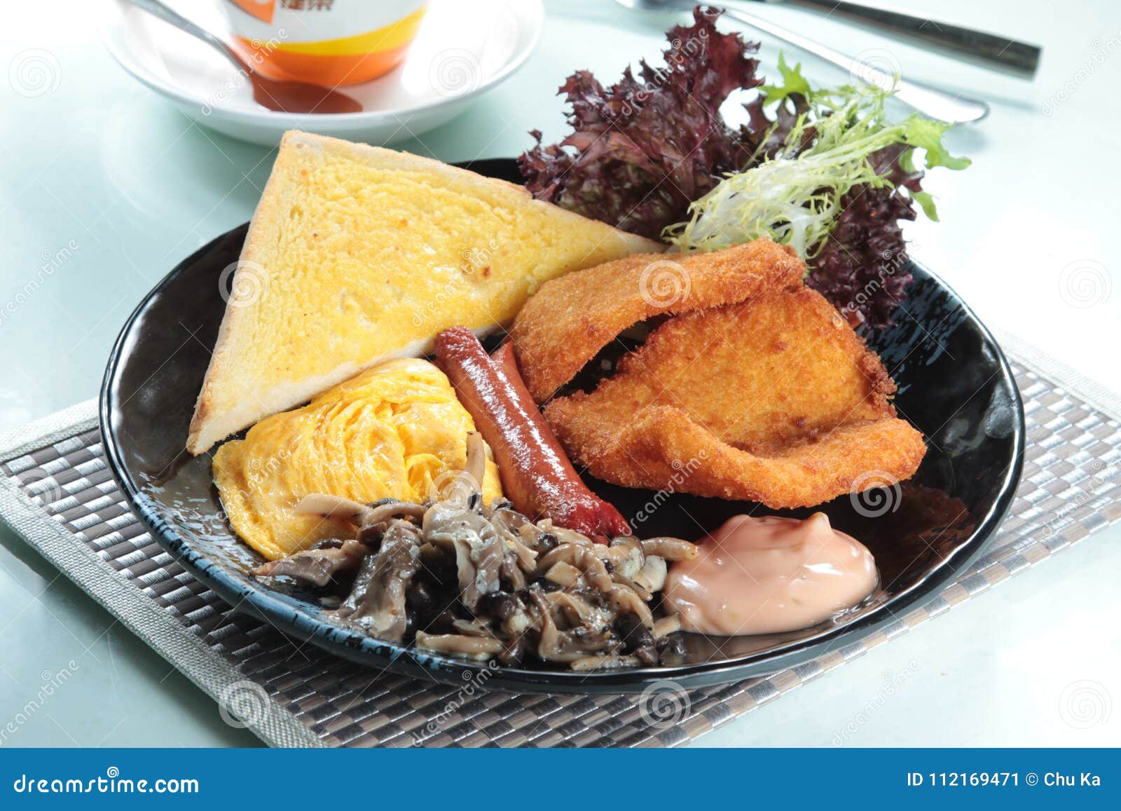 Breakfast with Ham, Bread, Egg, Steak, and More Stock Image - Image of