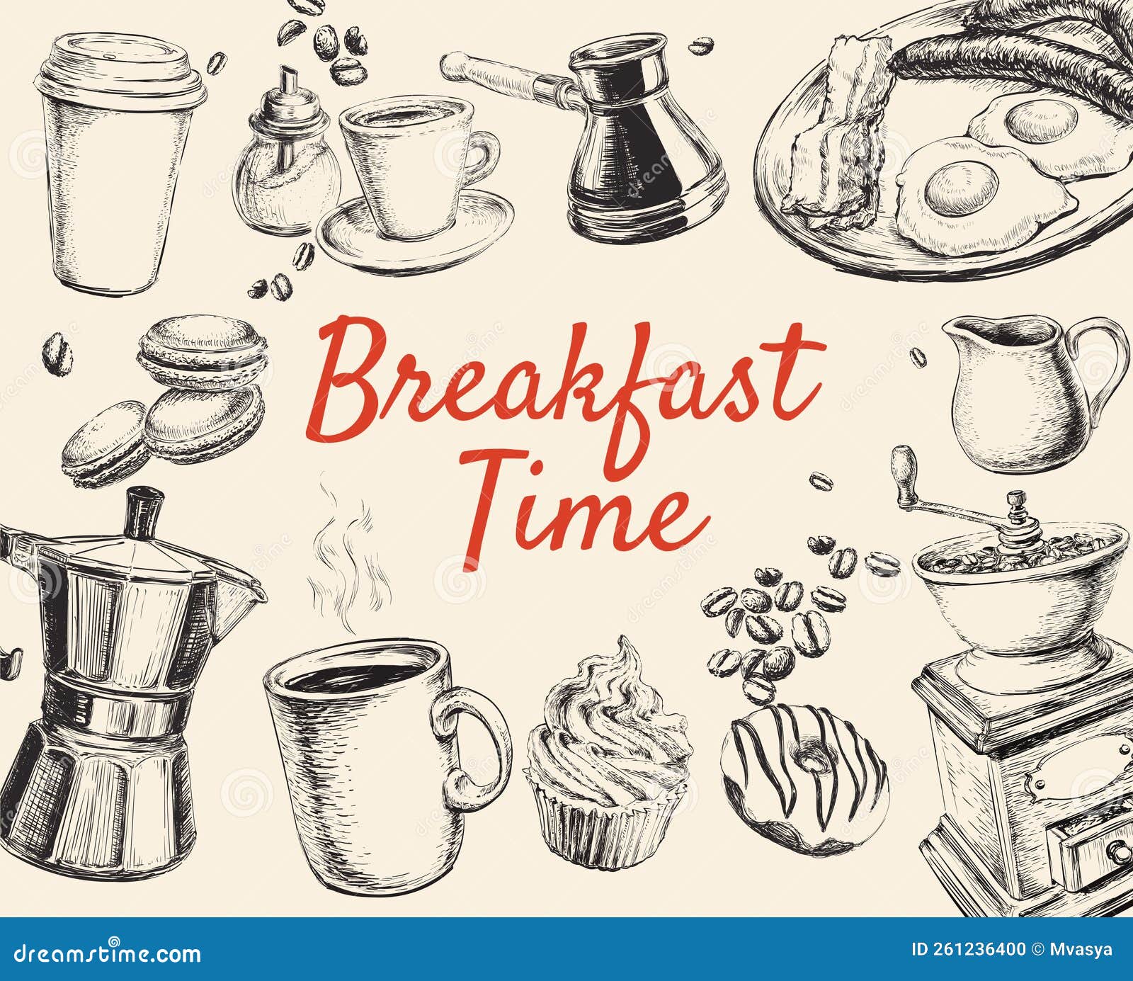 Breakfast Hand Drawn Set Vector Illustration Breakfast Hand Drawn Set