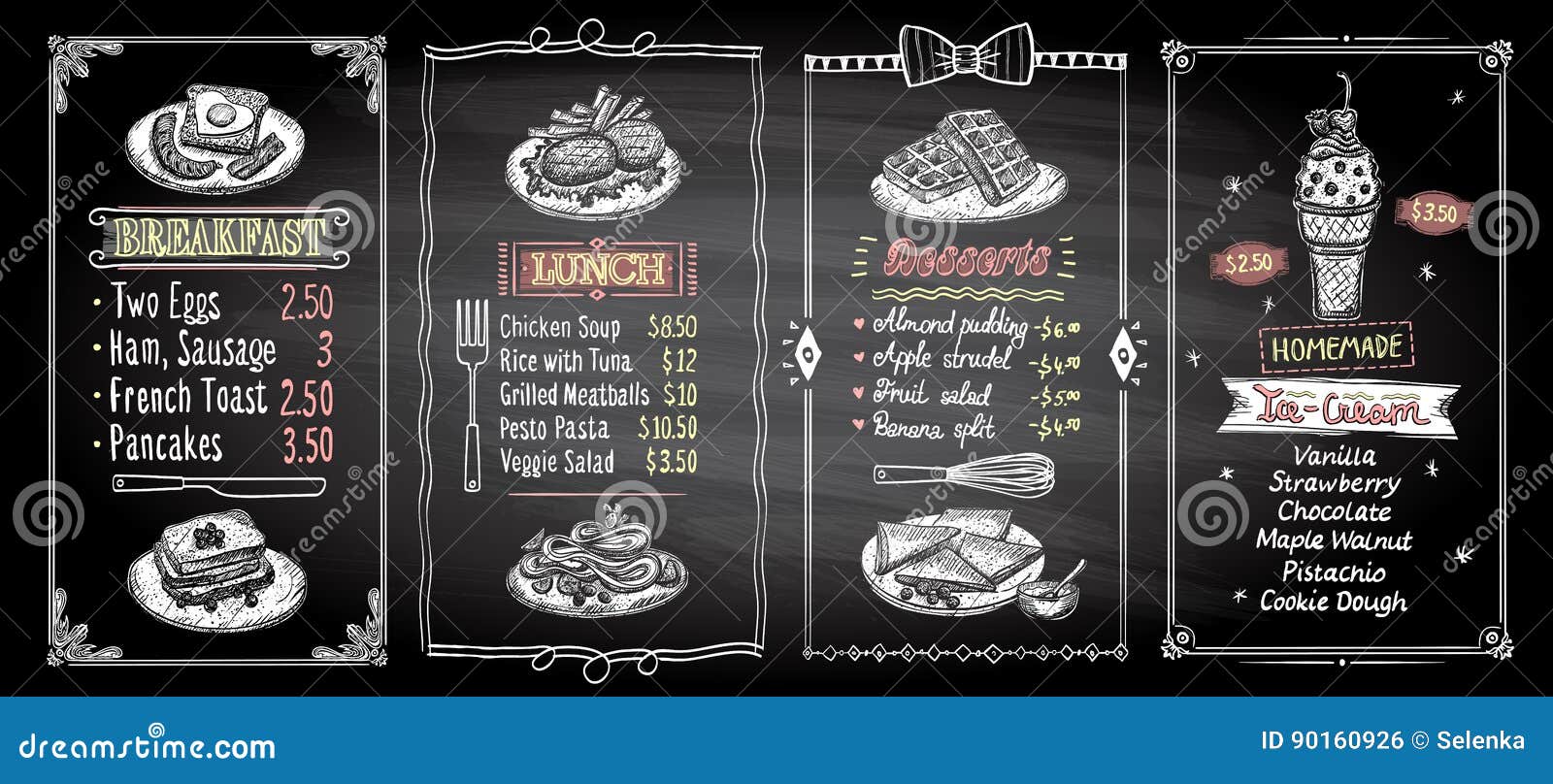 breakfast lunch desserts ice cream chalkboard menu list designs set hand drawn graphic illustration vector collection 90160926