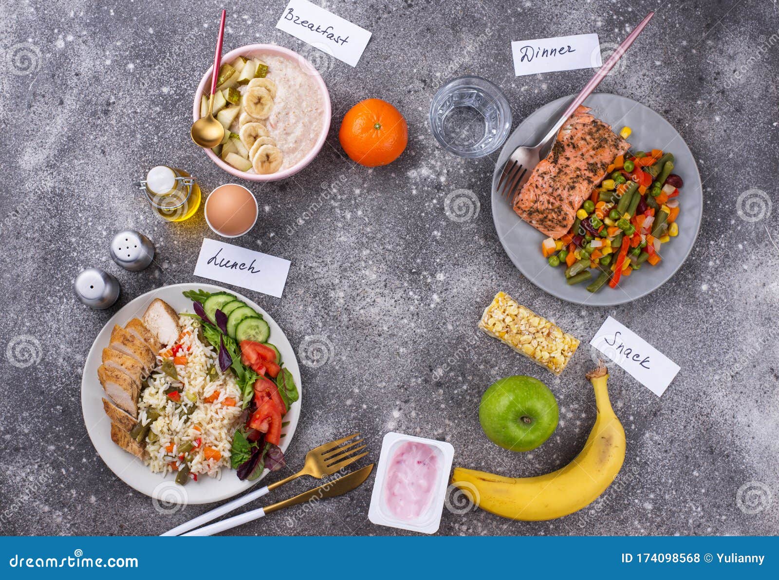 Breakfast, Lunch and Dinner. Balanced Menu Stock Photo - Image of