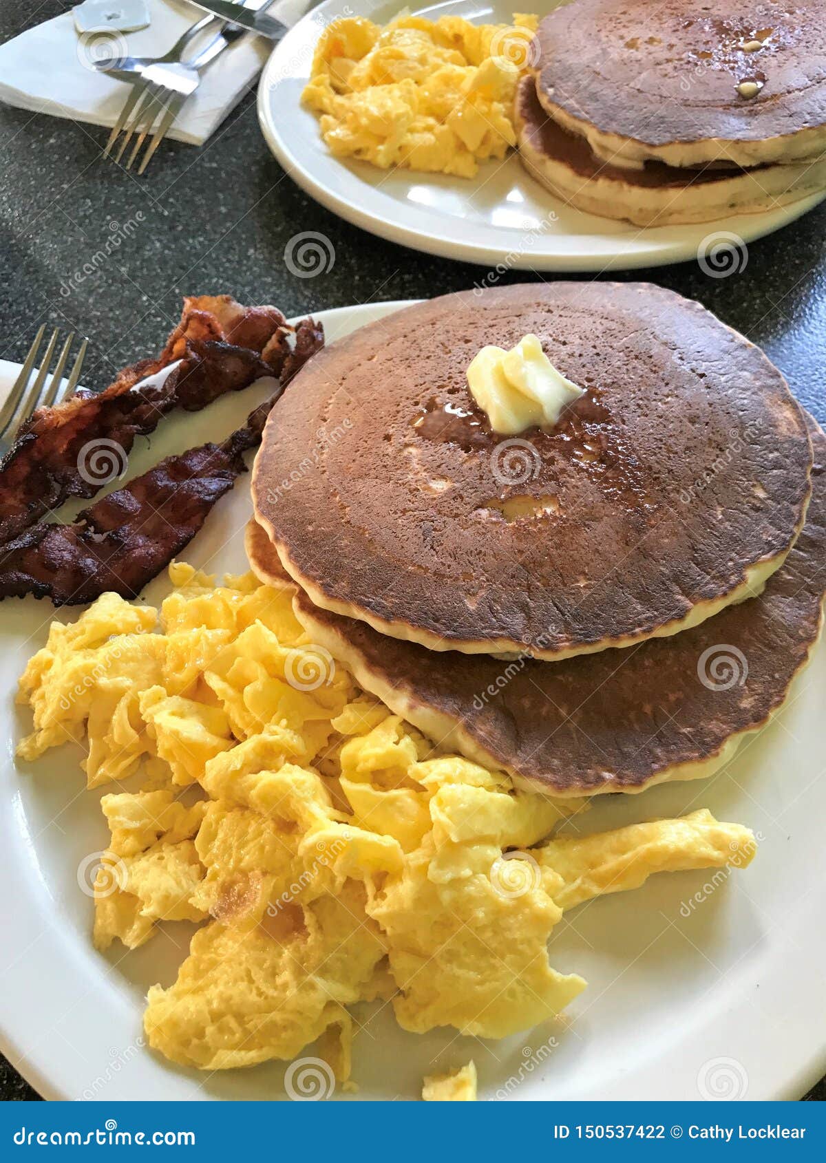 Breakfast Meal with Scrambled Eggs, Bacon and Pancakes Stock Photo ...