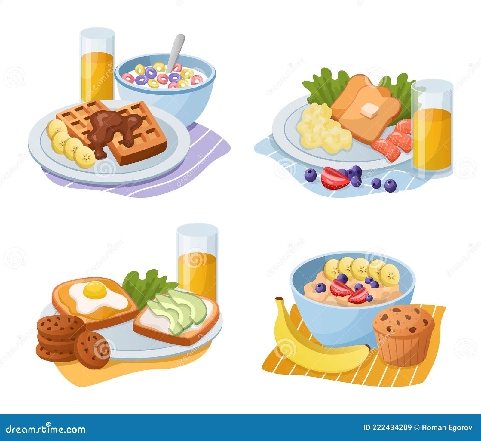 Breakfast Meals. Cartoon Morning Food Types. Serving Lunch with Sandwiches  and Sweet Muffins. Bowl of Muesli or Oatmeal Stock Vector - Illustration of  cookie, cooking: 222434209