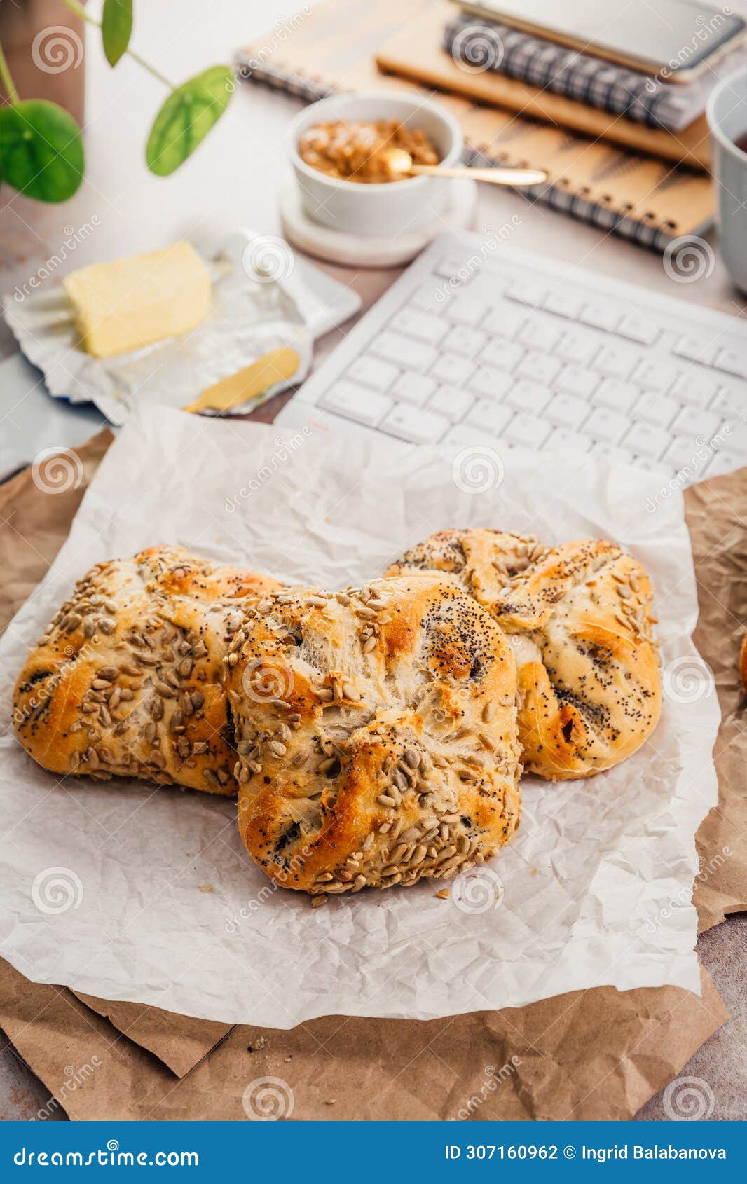 Breakfast at Office Workplace, Fresh Bread Rolls with Butter and Cup of