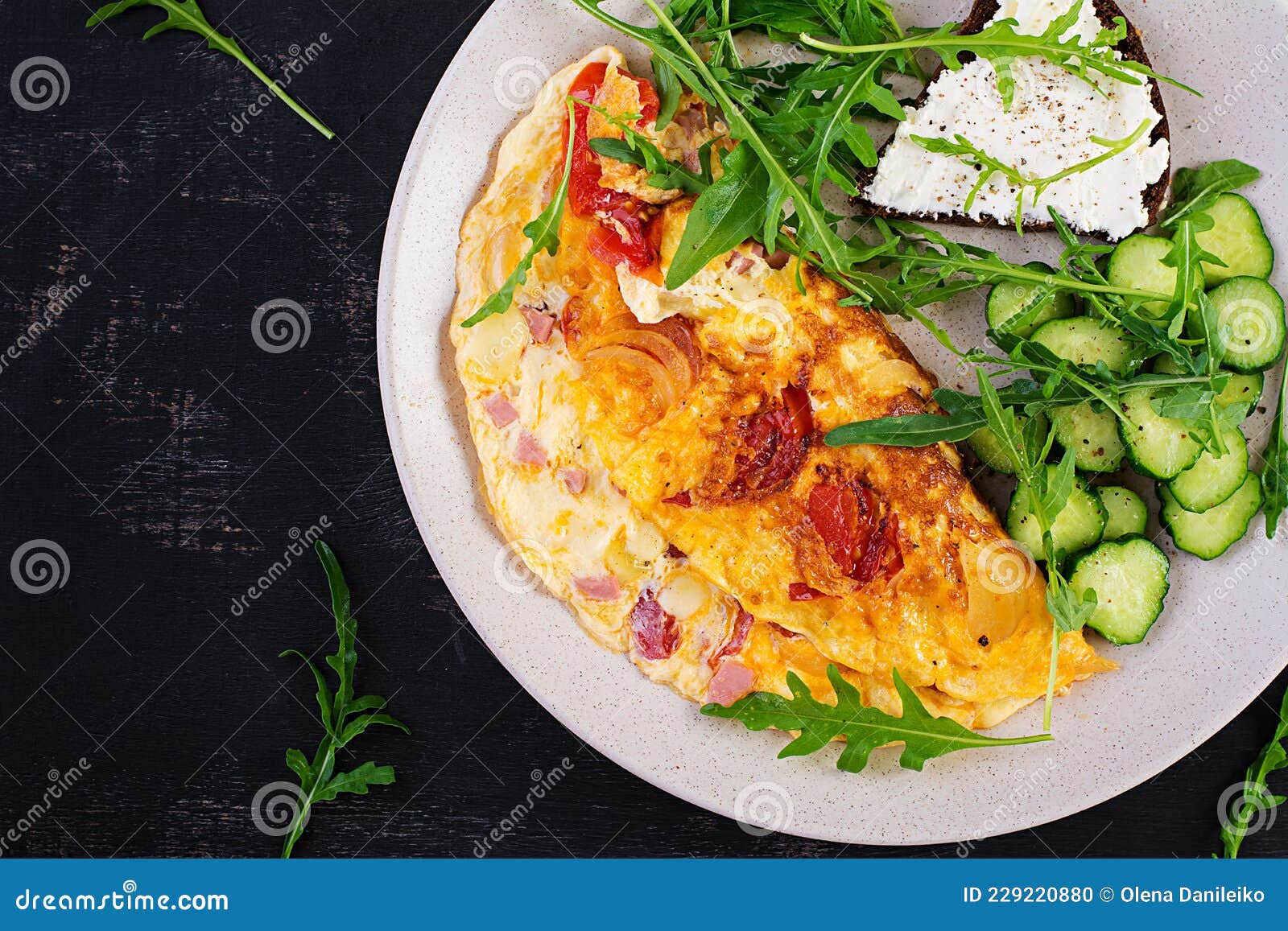 Breakfast. Omelette with Tomatoes, Cheese and Salad on White Plate ...