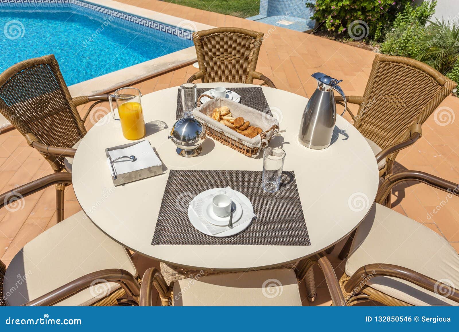 Breakfast Outside by the Pool, for Hotel Tourists. Stock Photo Image