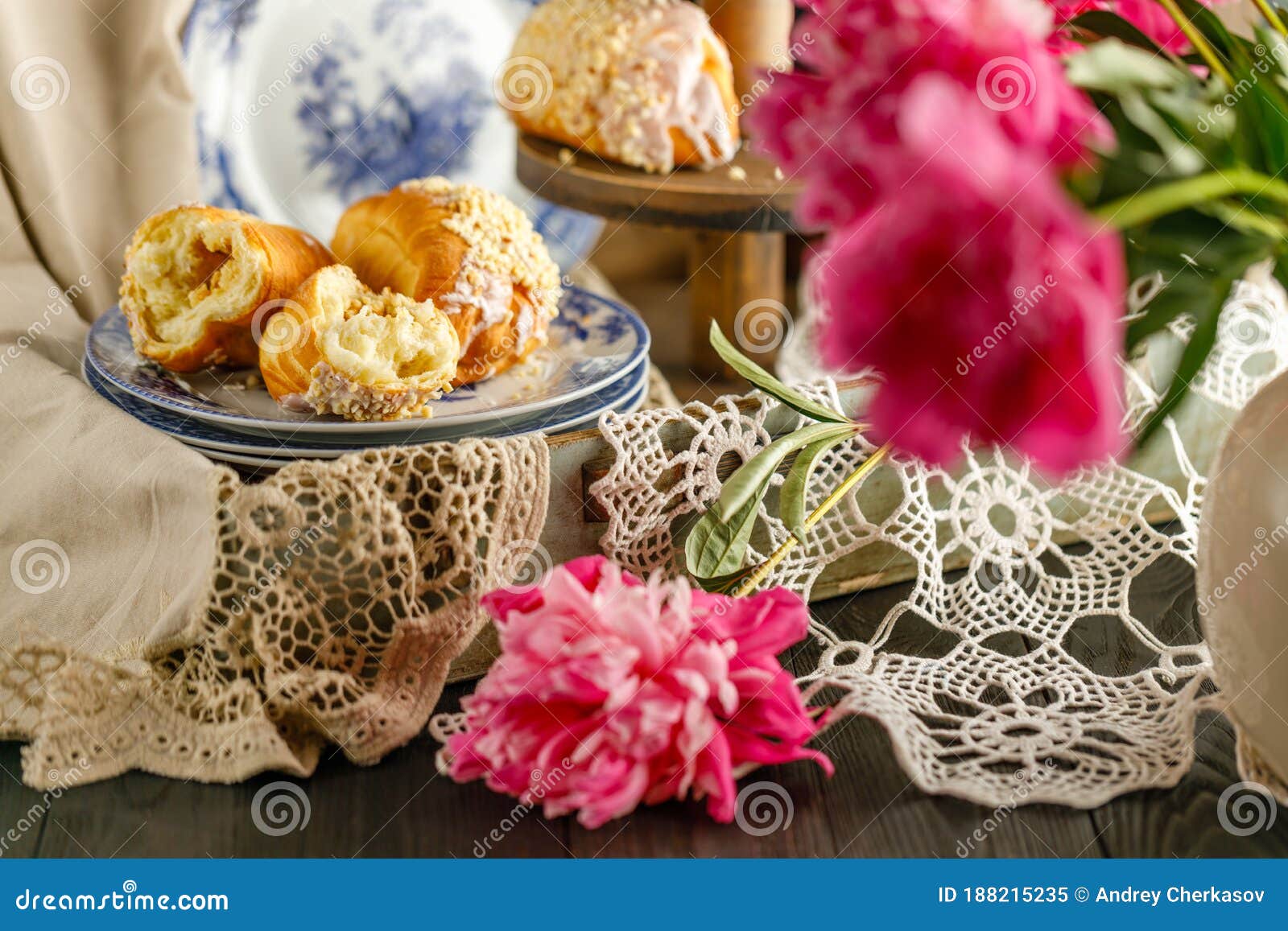 Breakfast Pastries Served with Flowers, Retro Style Stock Image Image