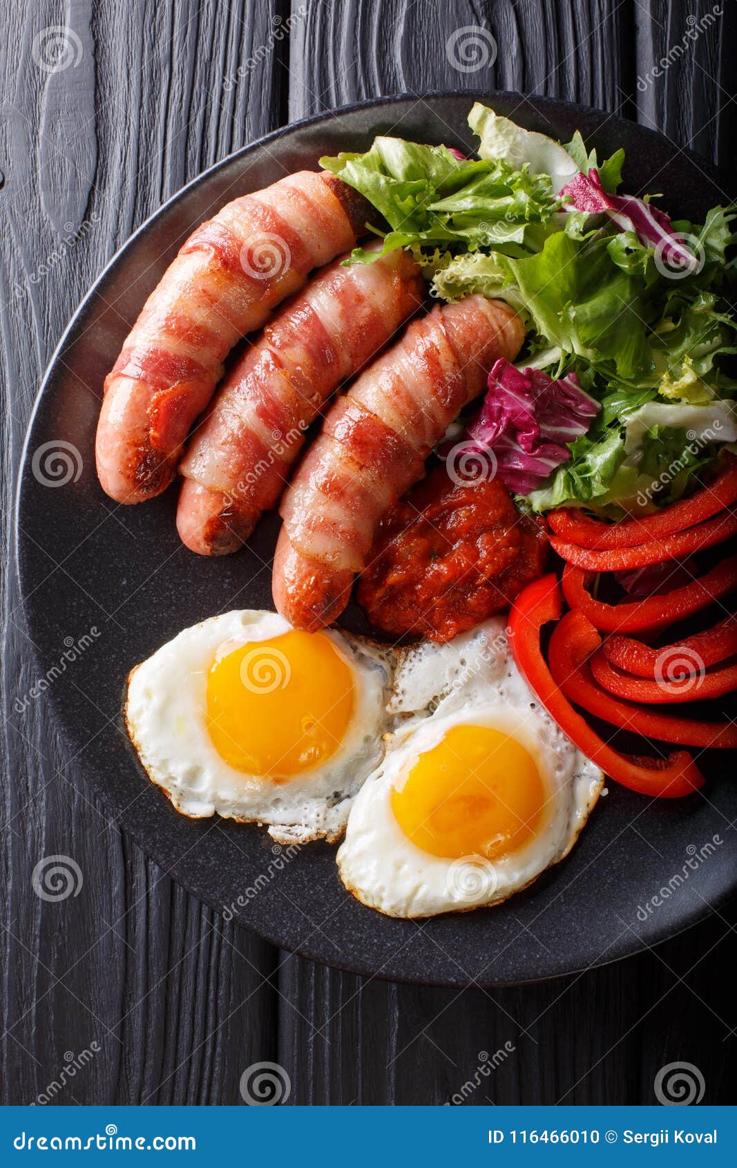 Breakfast Pigs in Blankets Fried Sausages Wrapped in Bacon, Eggs Stock ...