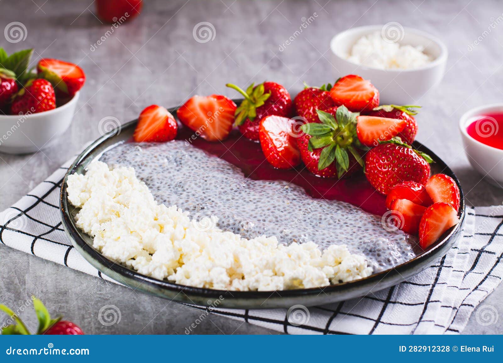 Breakfast Plate of Cottage Cheese, Chia Pudding, Jam and Strawberries