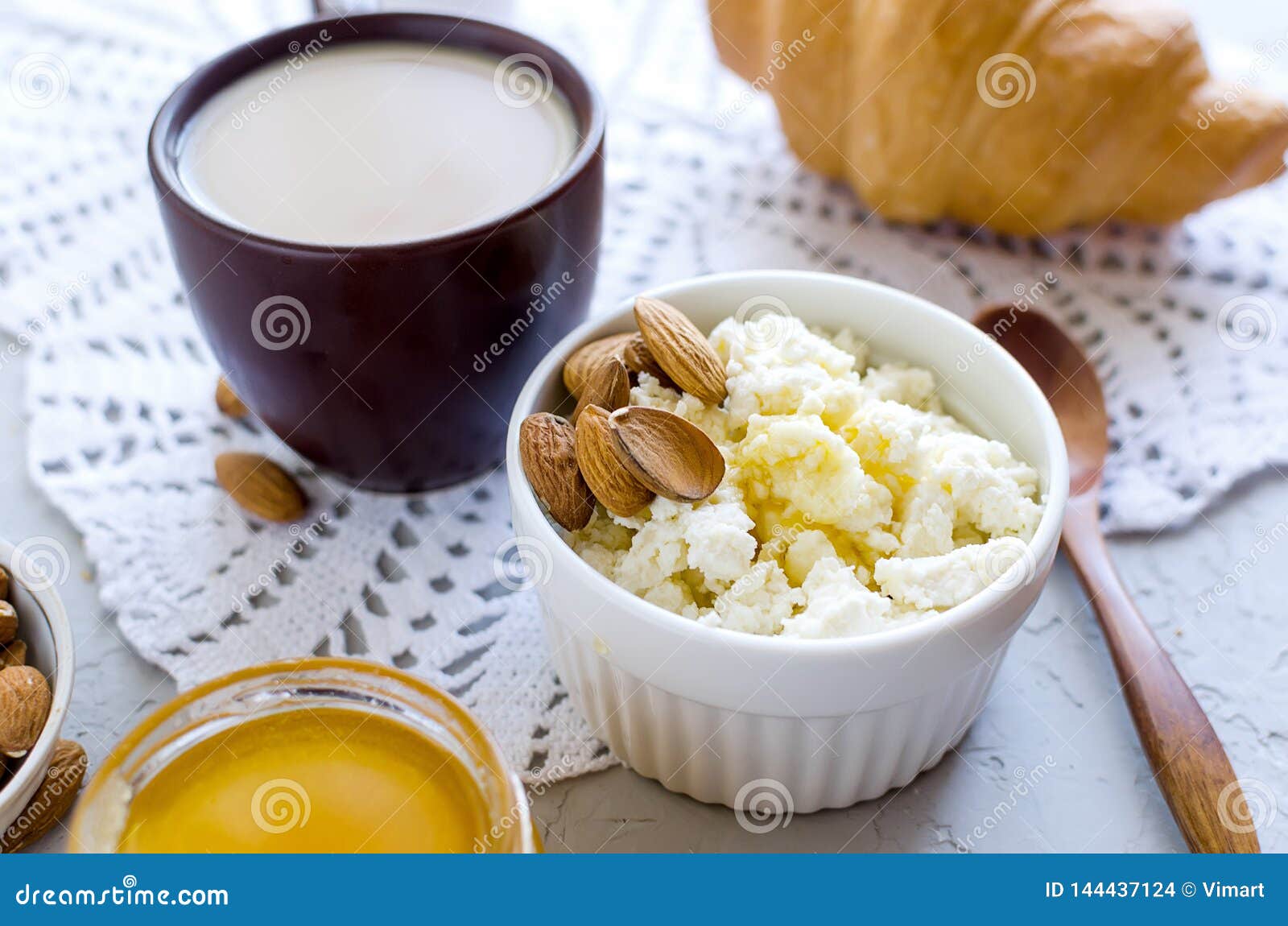 Breakfast With Ricotta Or Cottage Cheese With Honey And Nuts Stock