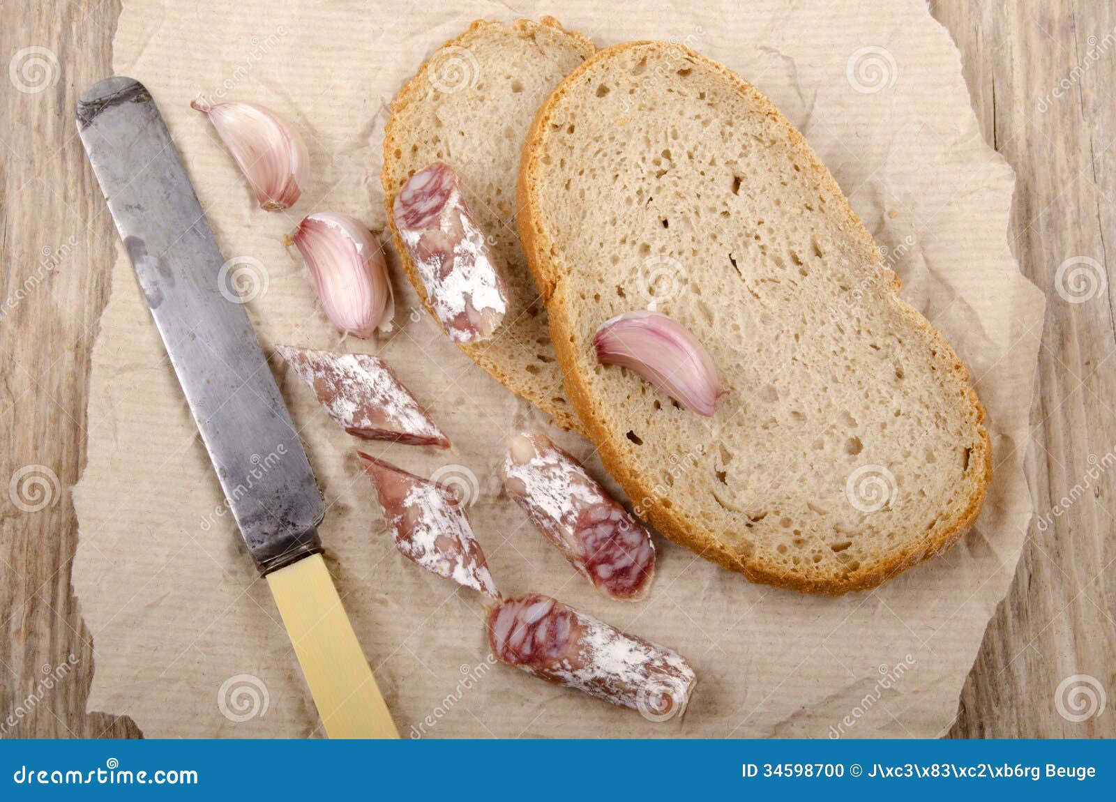 Breakfast with Salami and Bread Stock Photo Image of food, garlic