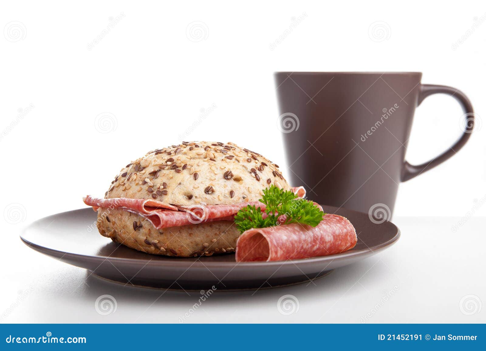 Breakfast with Salami Sandwich and Cup of Coffee Stock Image Image of