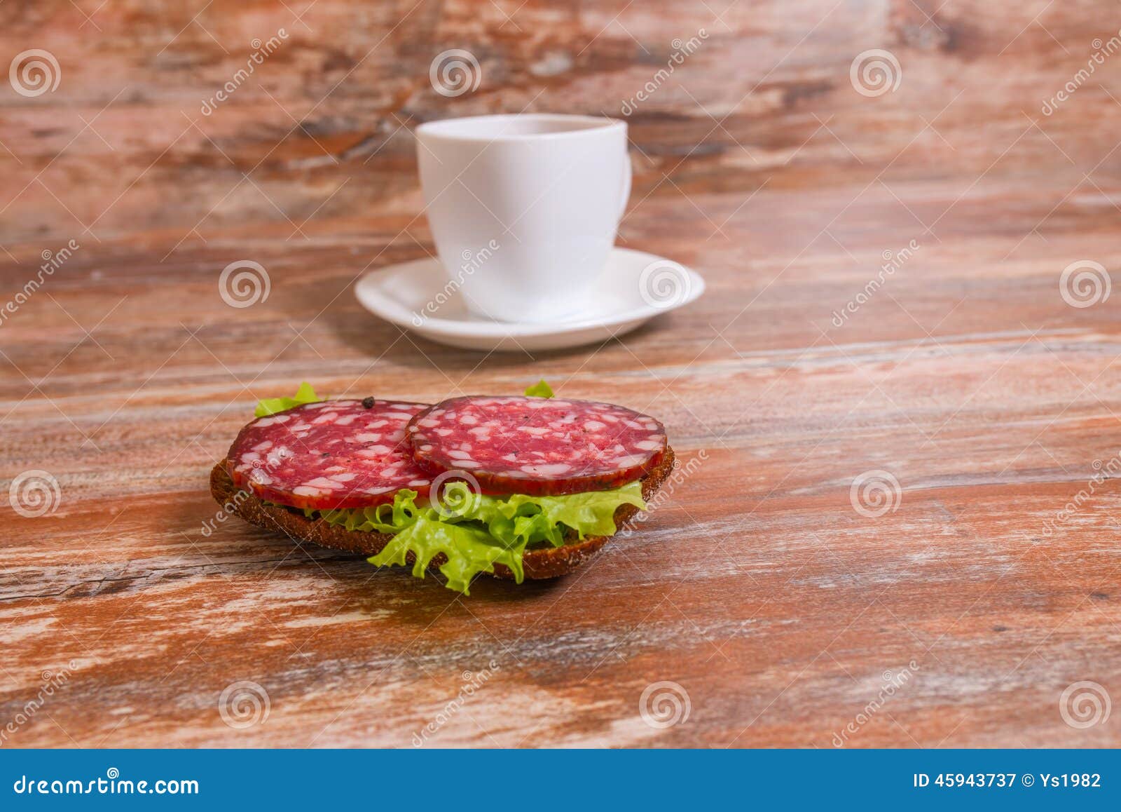 Breakfast with Salami Sandwich and Cup of Tea Stock Image Image of