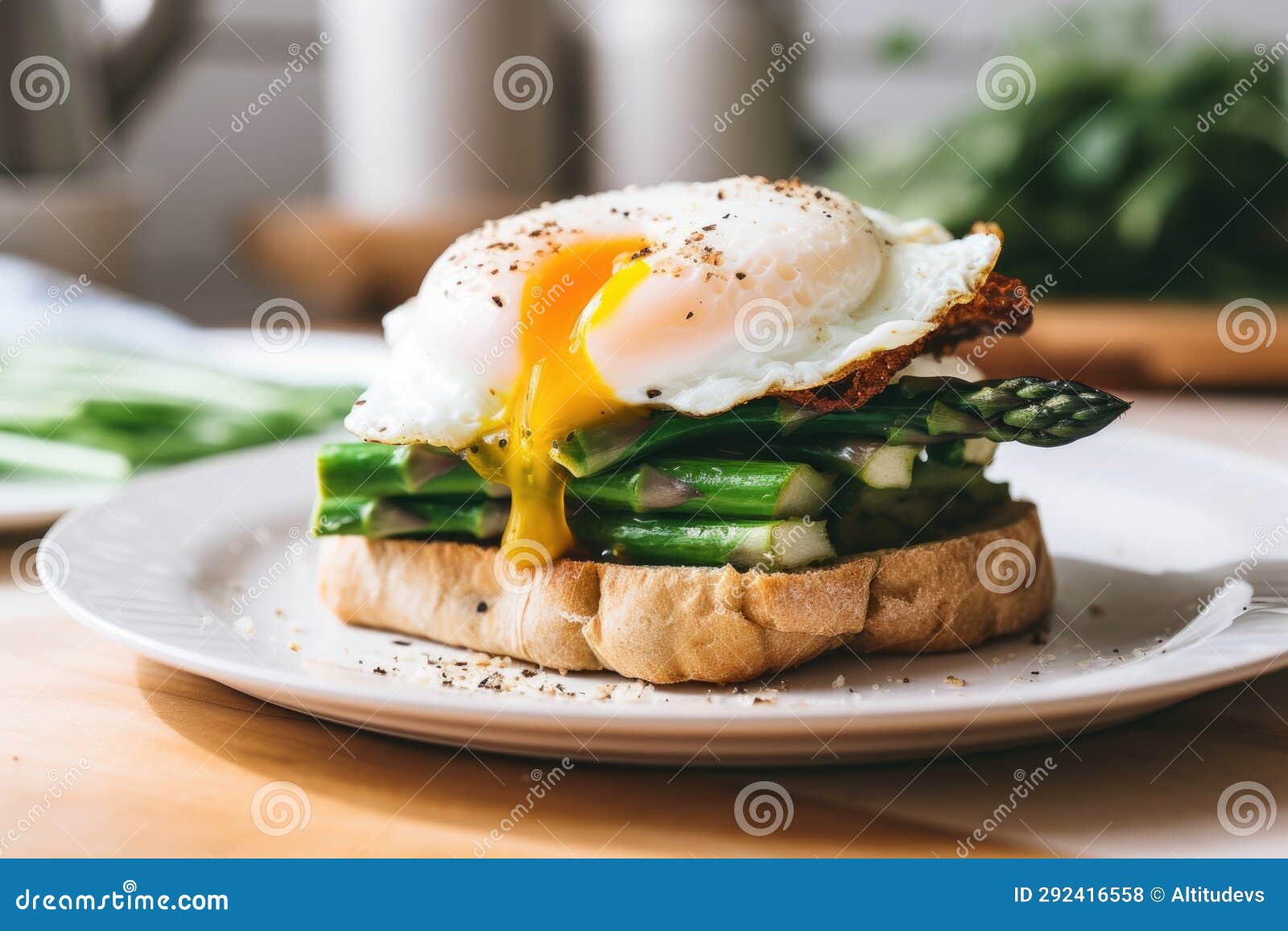 A Breakfast Sandwich with a Poached Egg and Asparagus Stock Photo