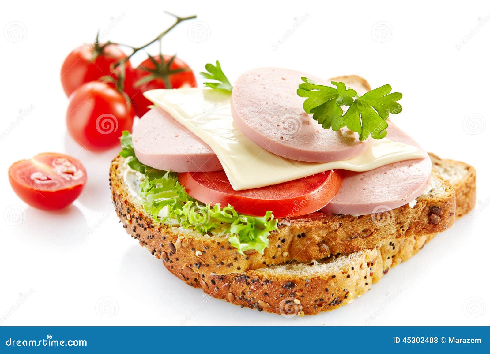 Breakfast Sandwich with Sliced Sausage and Tomato Stock Photo - Image ...