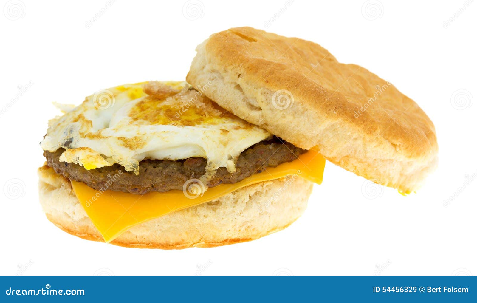 breakfast sausage egg and cheese biscuit on a white background