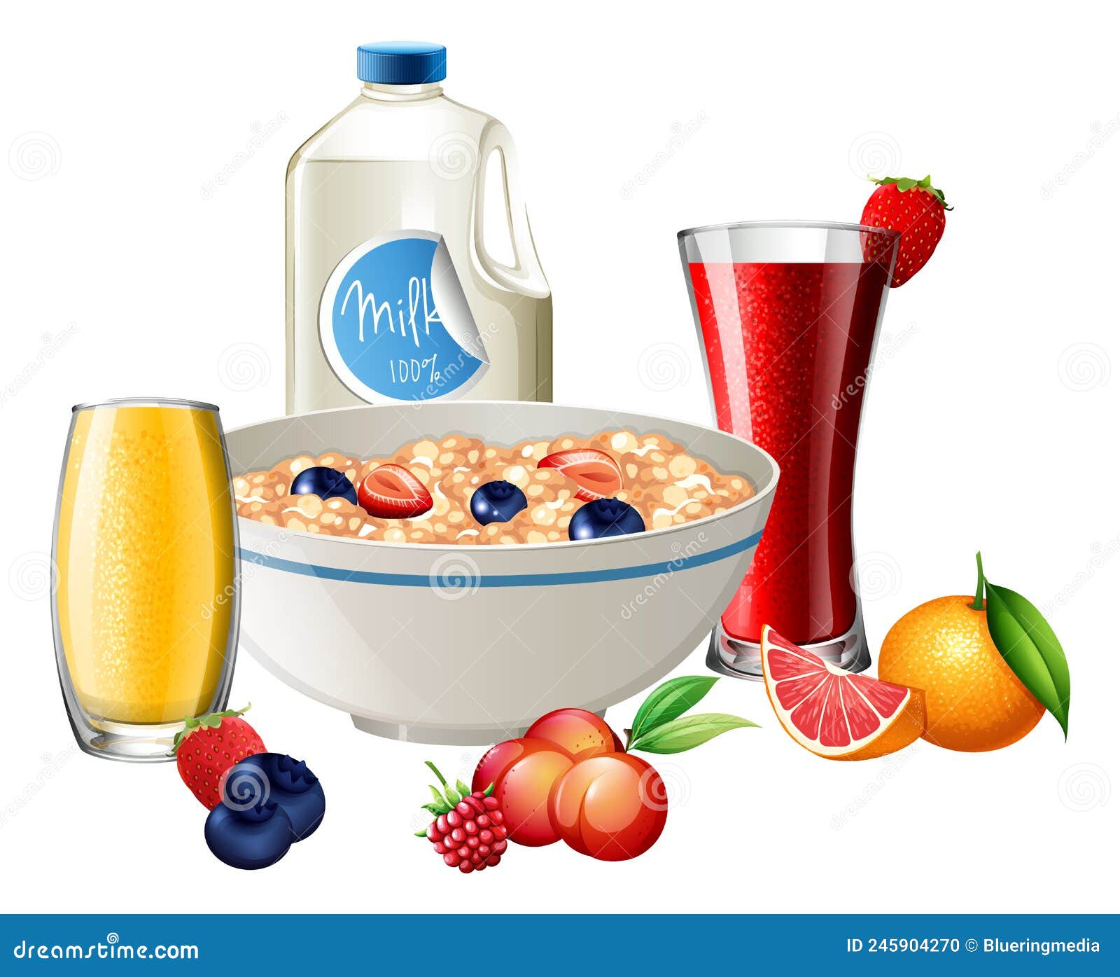 Breakfast Set with Cereal and Fruit Juice and Milk Stock Vector