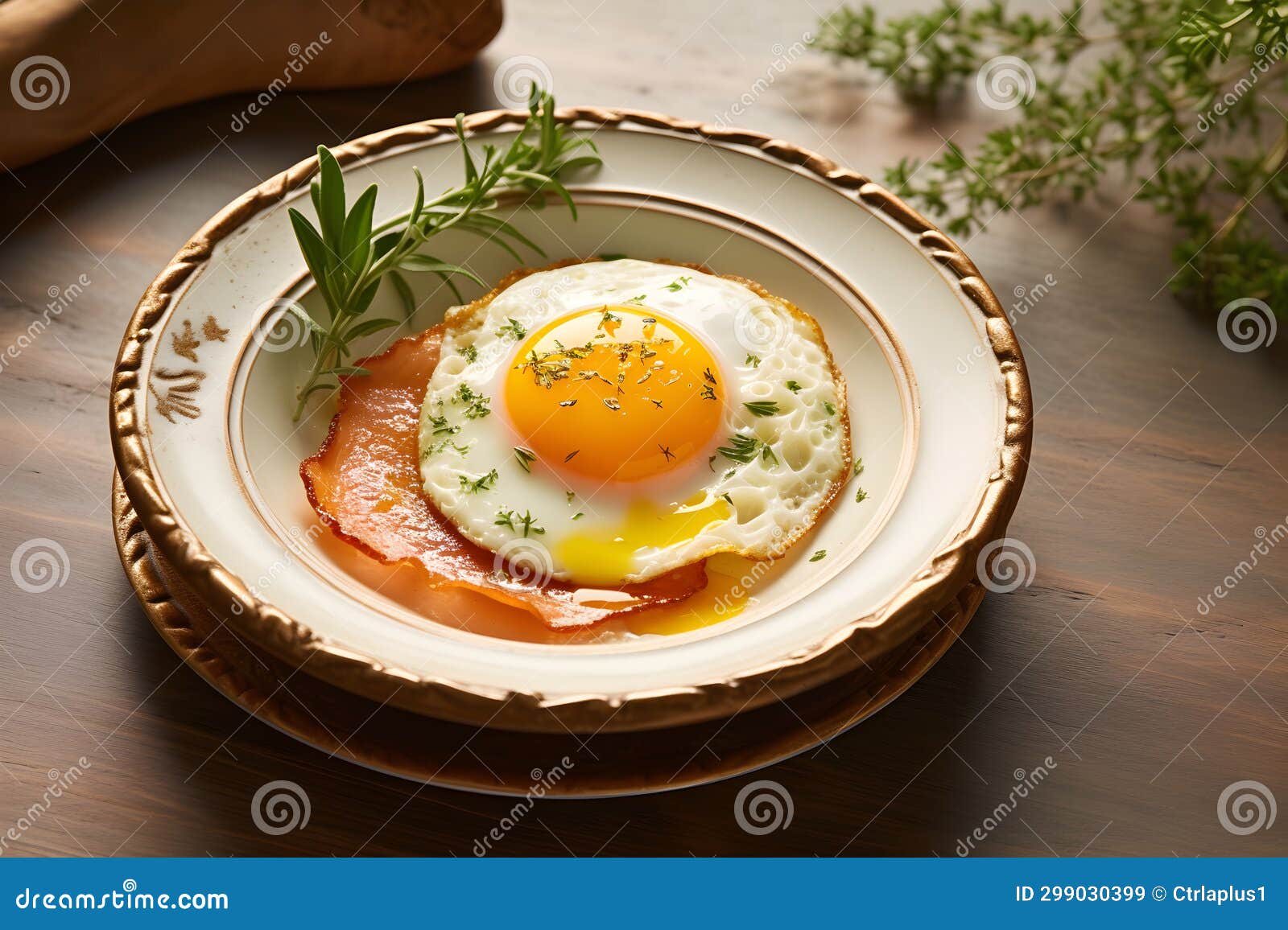 Breakfast Set, Fried Egg, Vegetable, Herbs and Bacon. on the Table