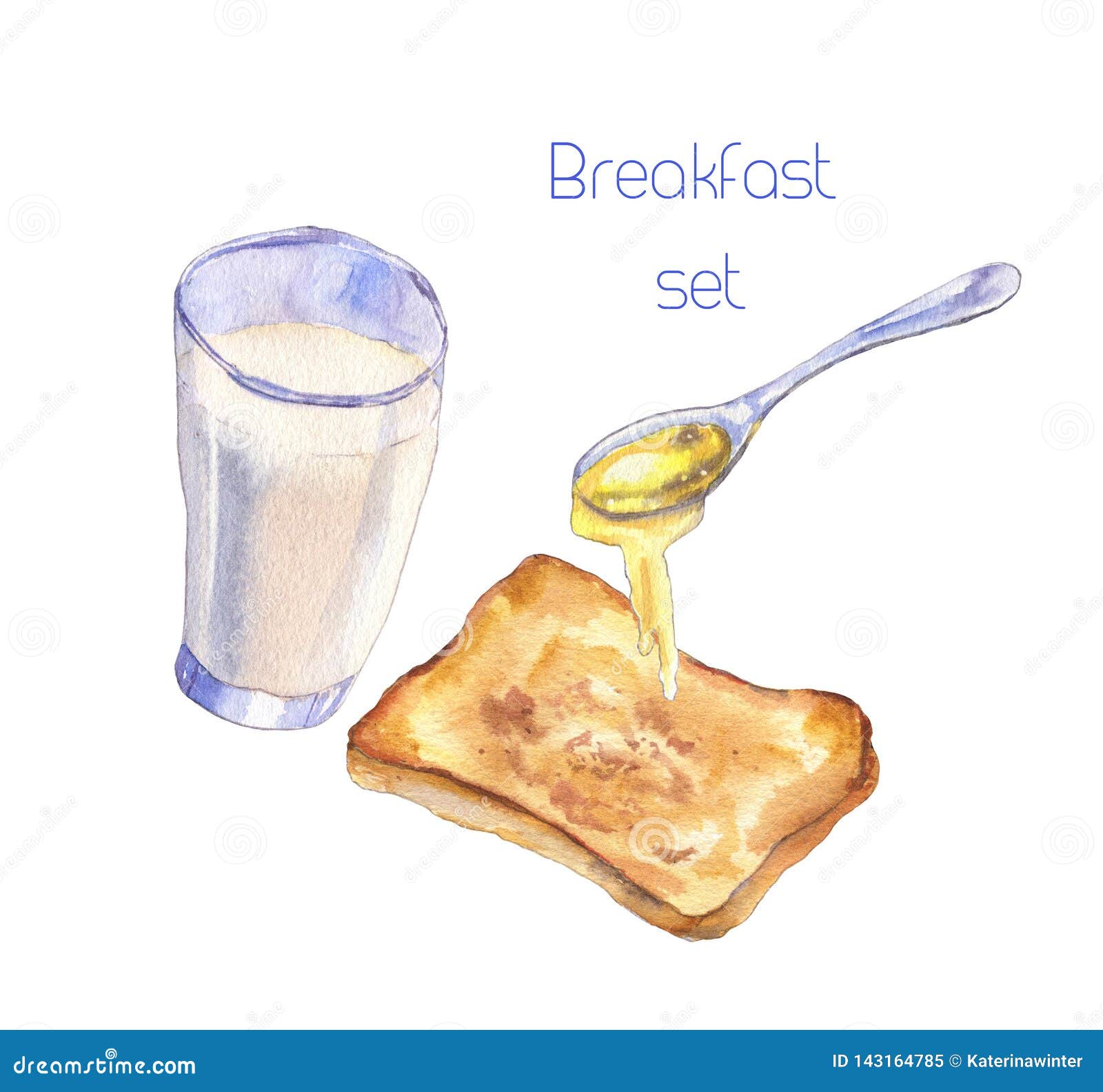 Breakfast Set with Milk, Toast and Honey Stock Illustration ...