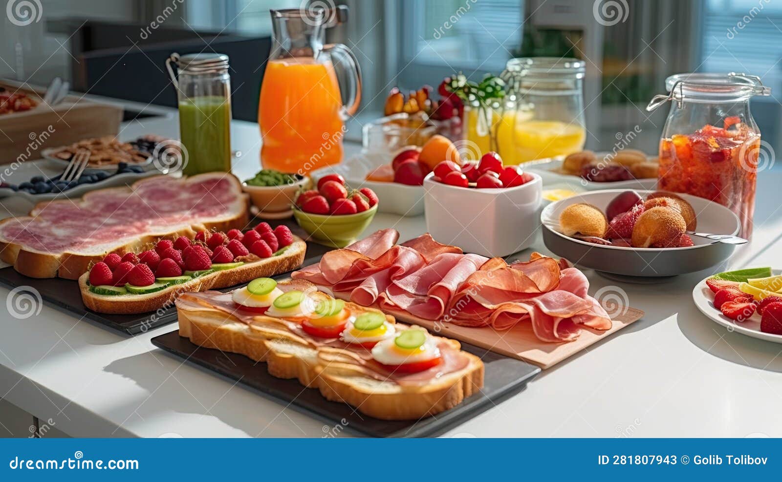 A Breakfast Spread of Food on a Kitchen Counter Stock Illustration