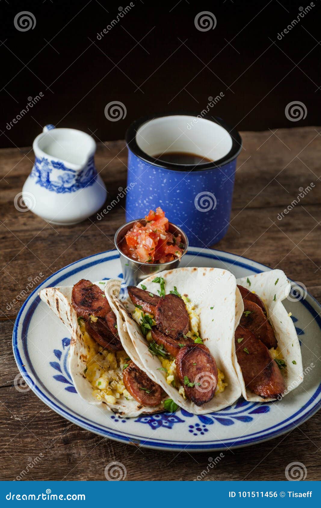 Breakfast Tacos with Kielbasa Sausage Tacos, Eggs and Cilanro Stock