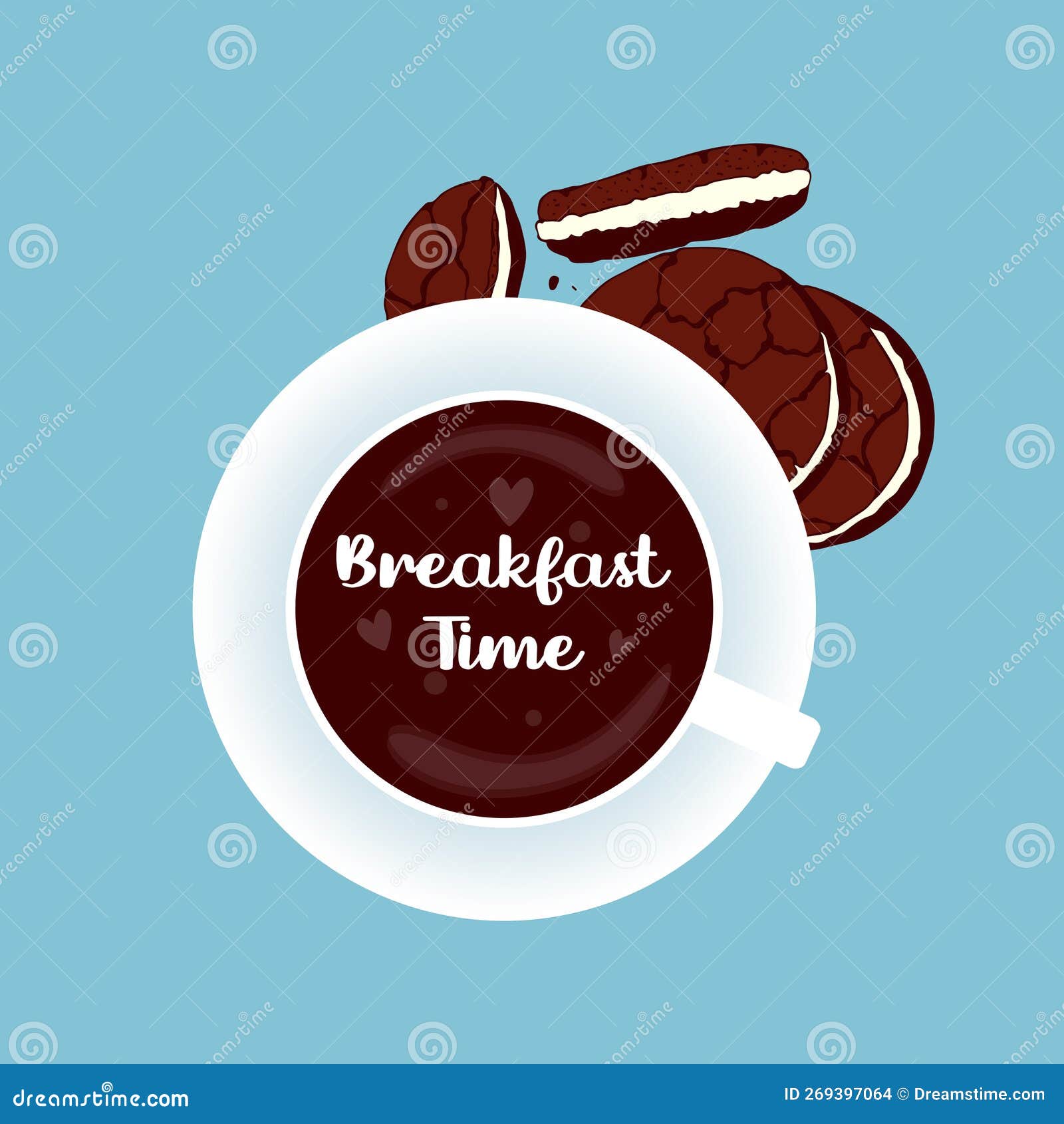Breakfast Time Banner , Chocolate Cookie, Cup Coffe , Blue Background