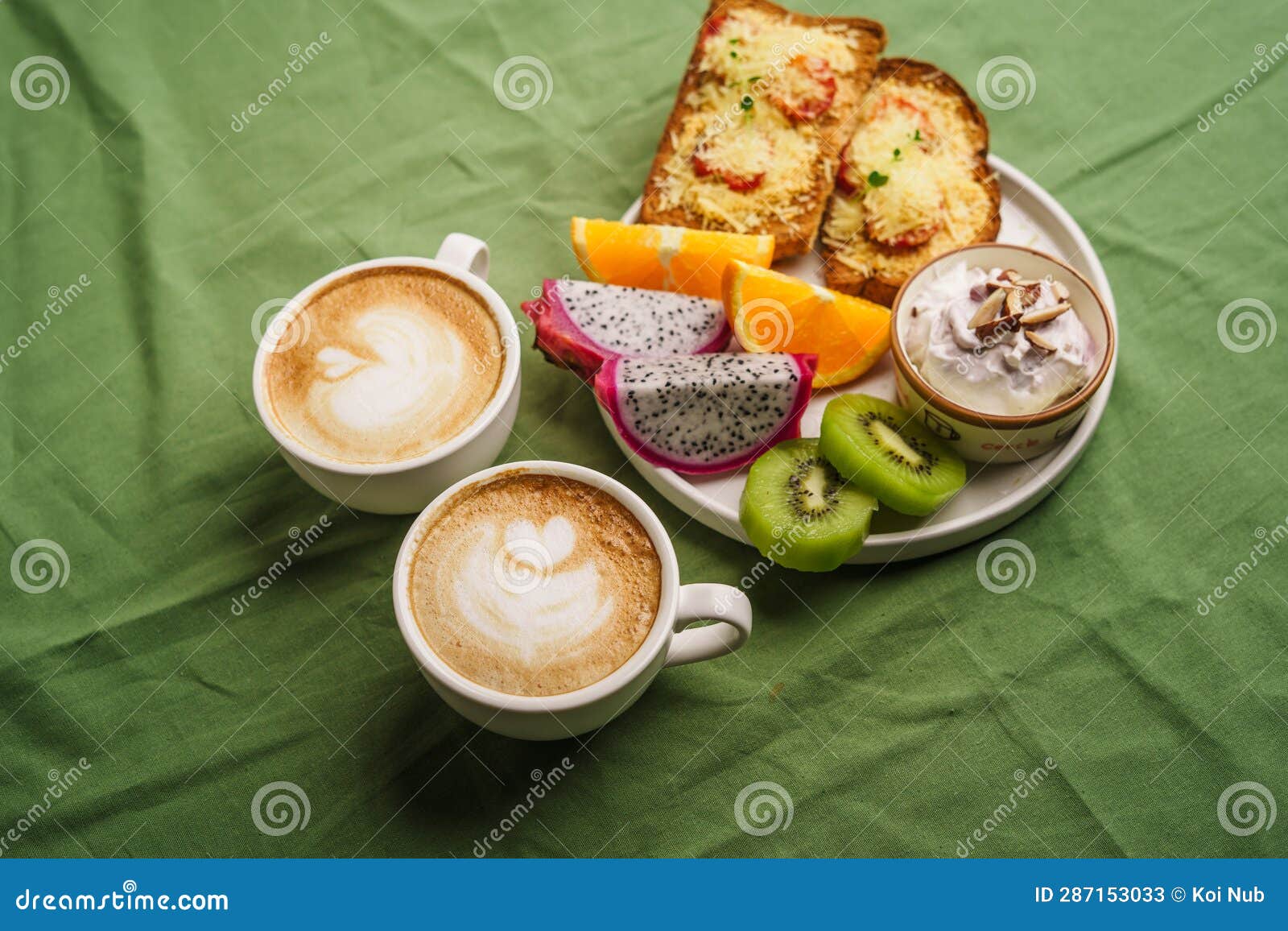 Breakfast Toast with Cheese and Tomatoes, Fruit, Yogurt Stock Image