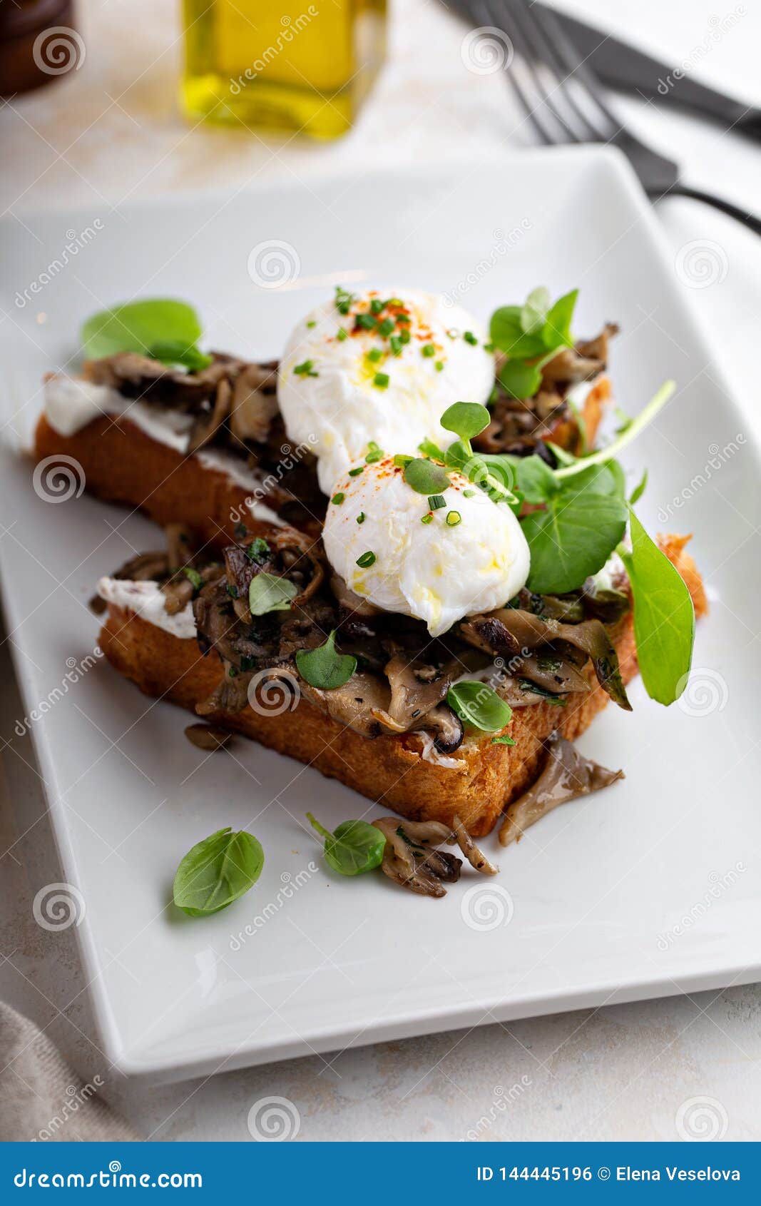 Breakfast Toast with Mushrooms and Poached Eggs Stock Photo - Image of
