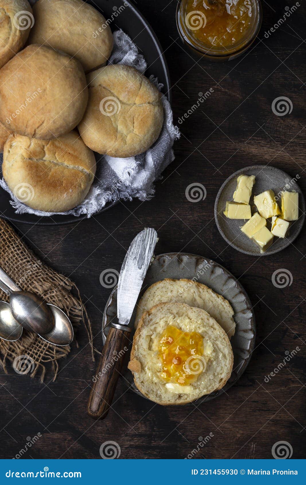 Breakfast of English Muffins with Butter and Jam Stock Photo Image of