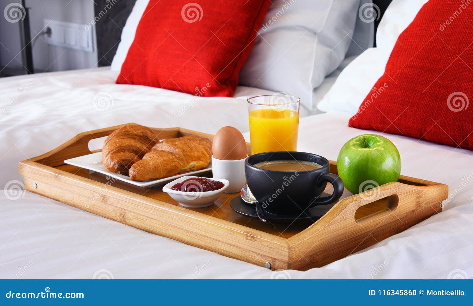 Breakfast on Tray in Bed in Hotel Room Stock Photo Image of trip, tourism 116345860