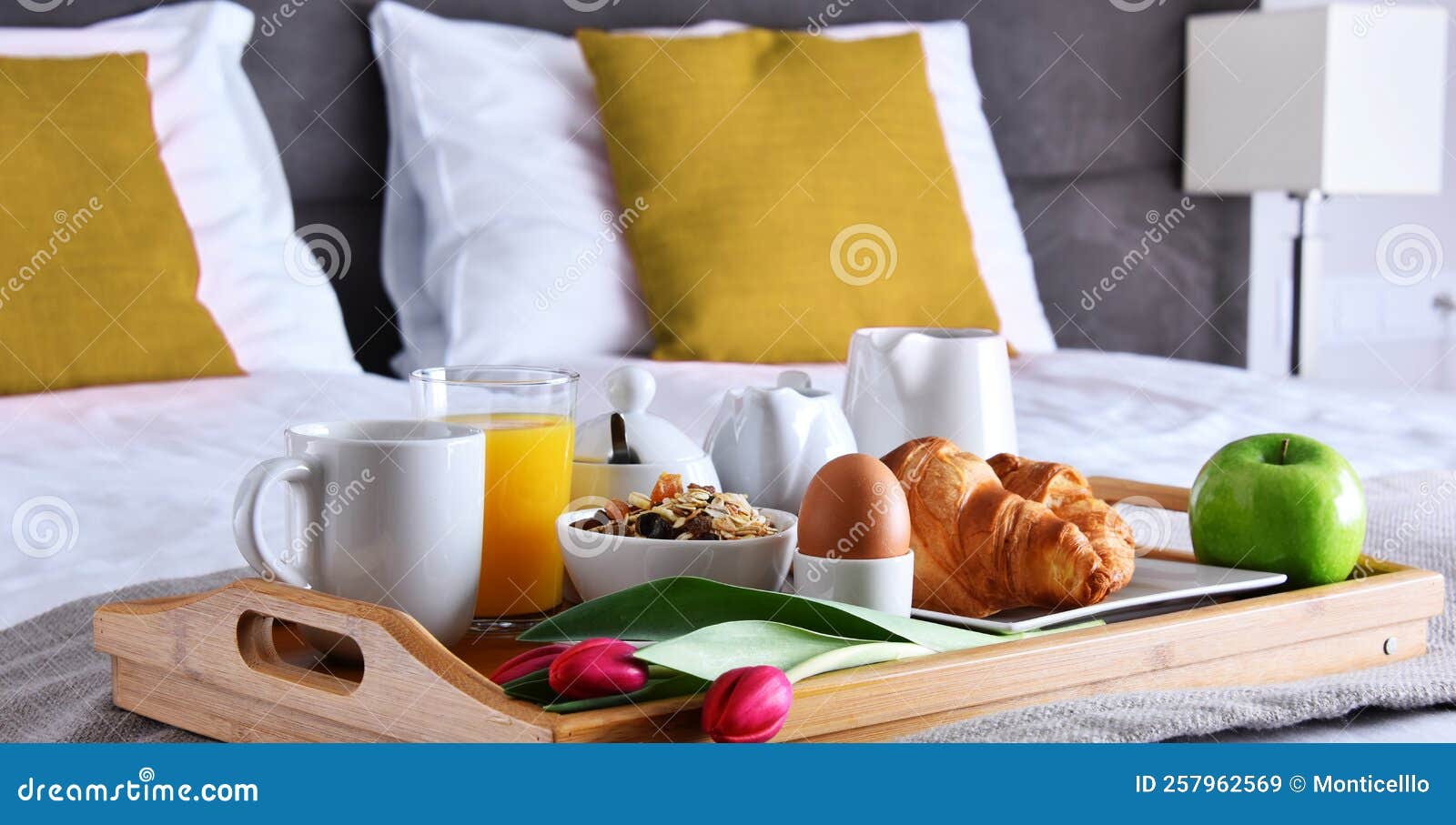 Breakfast on Tray in Bed in Hotel Room Stock Image Image of apple