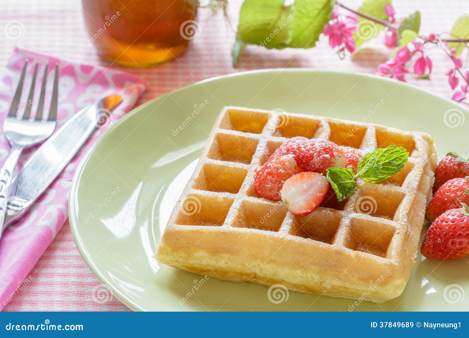 Breakfast Waffle with Syrup and Strawberries. Stock Image Image of