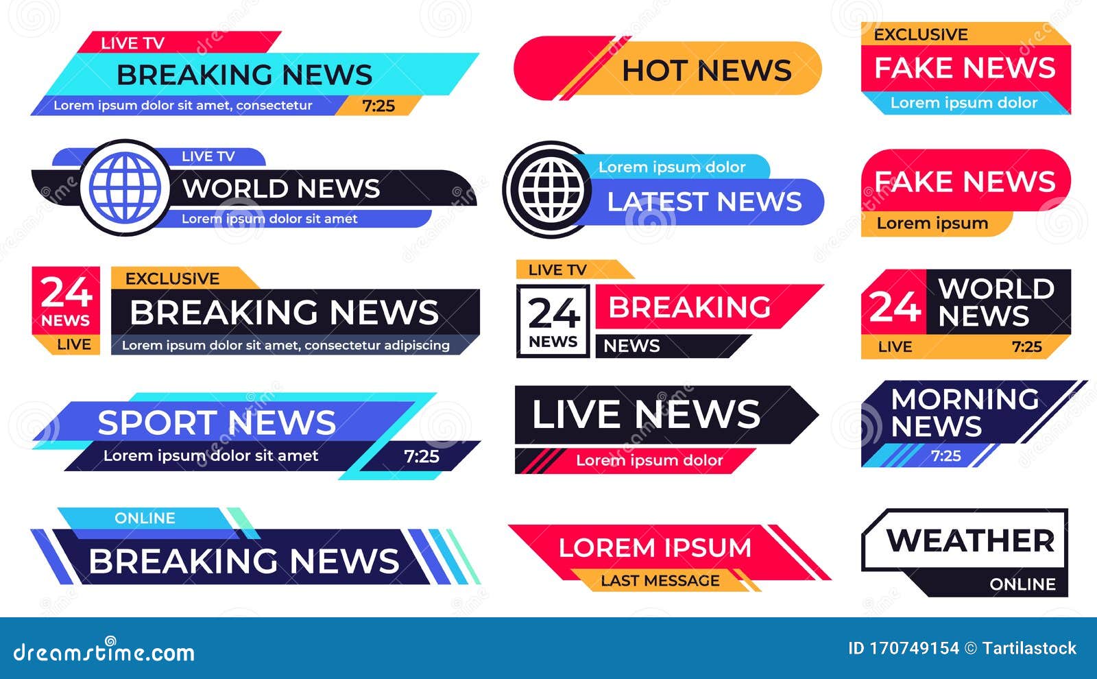 breaking news banner. broadcasting screen bars, television banners and live tv sport news frame  set
