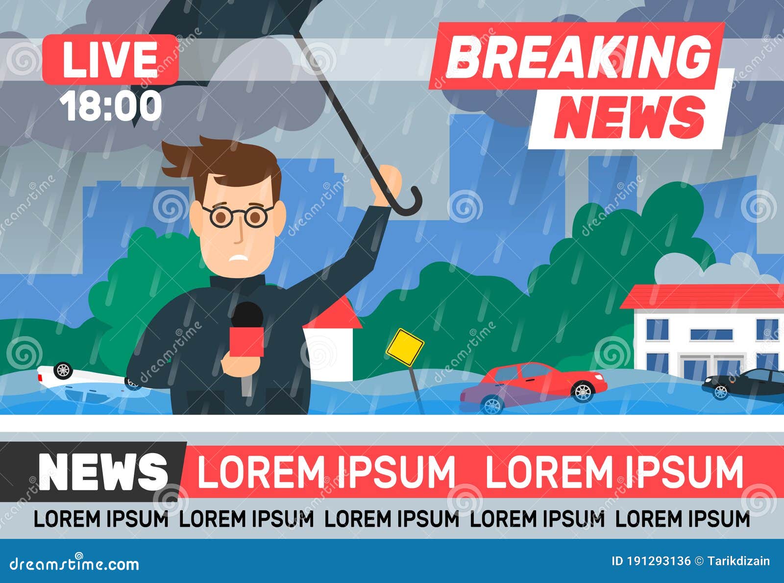 breaking news reporter journalist live broadcasting  rainy weather  storm flood city