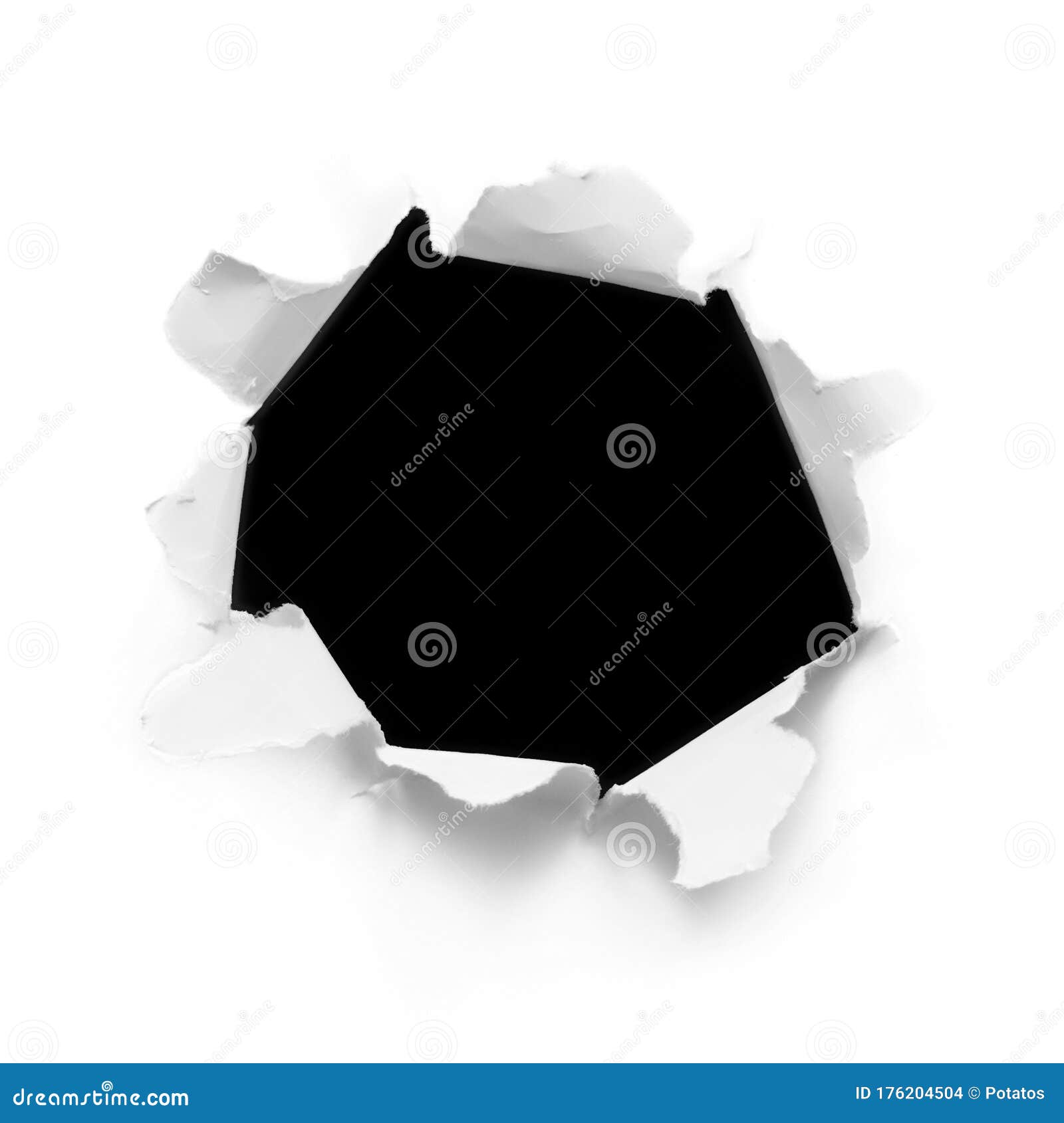 breakthrough white paper hole. torn ripped cardboard paper sheet round hole on black background 