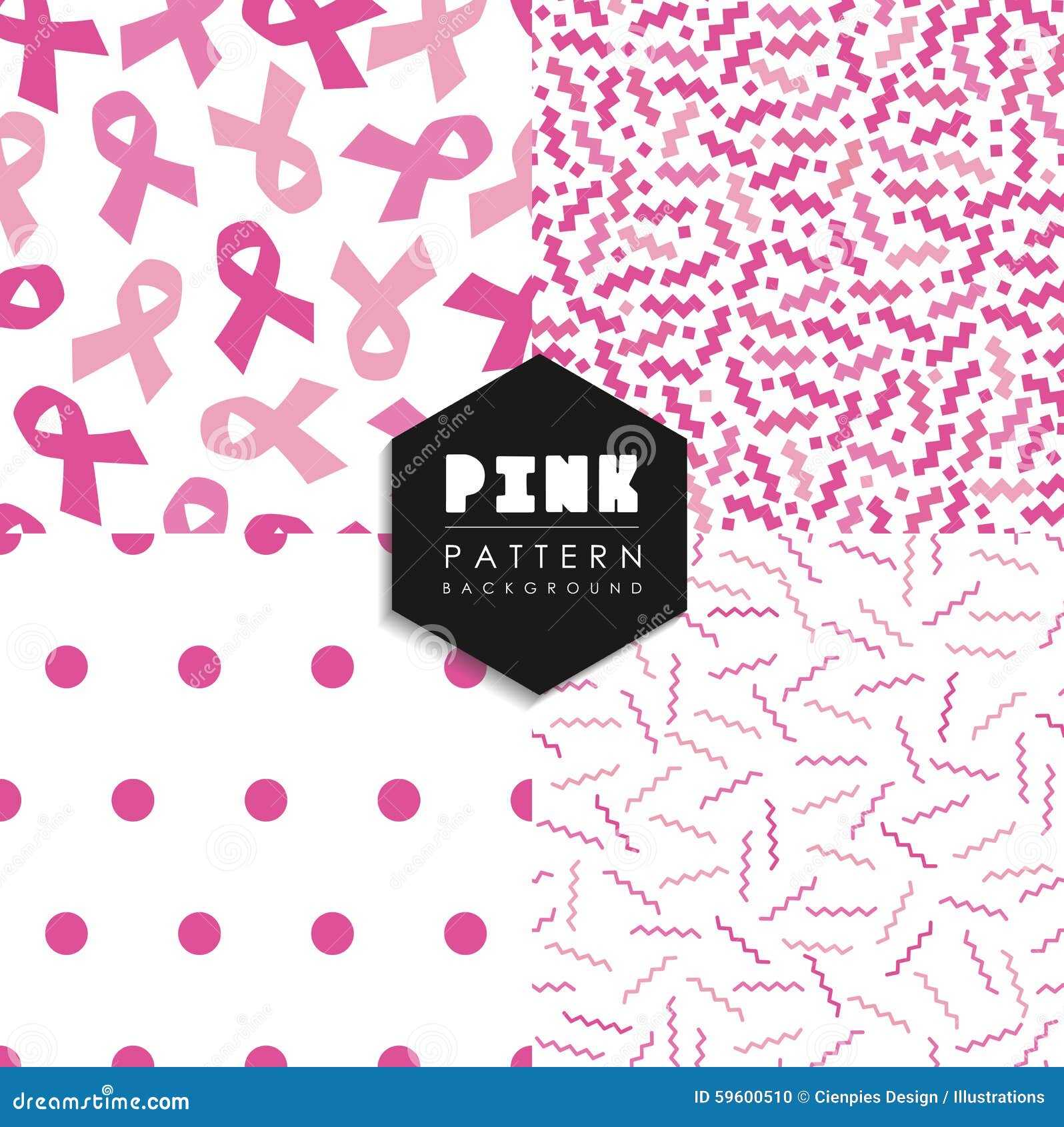 Breast Cancer Pink Geometry Seamless Pattern Set Stock Vector
