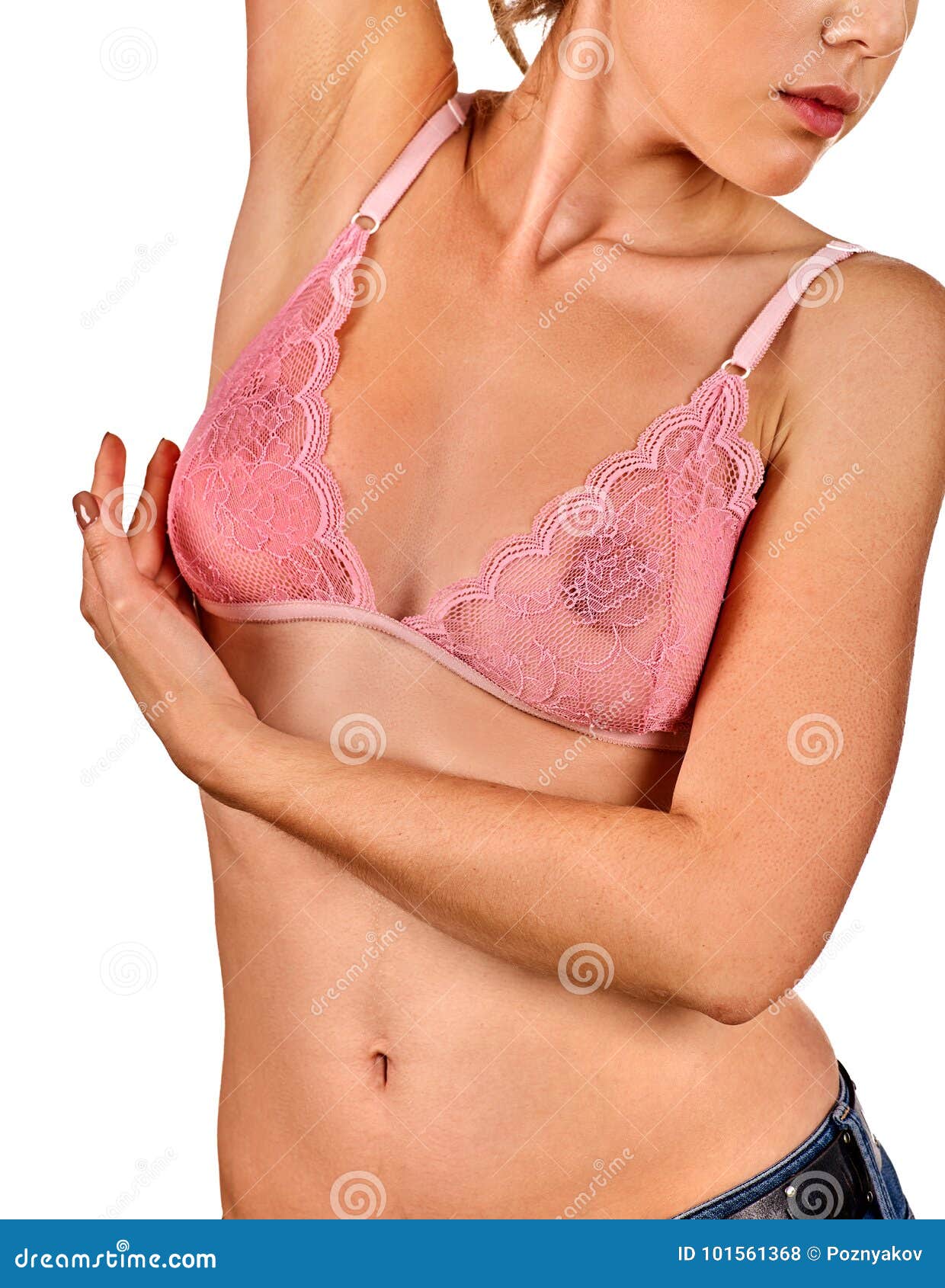 Breast Self Exam of Women. Woman Wearing Bra. Stock Photo - Image