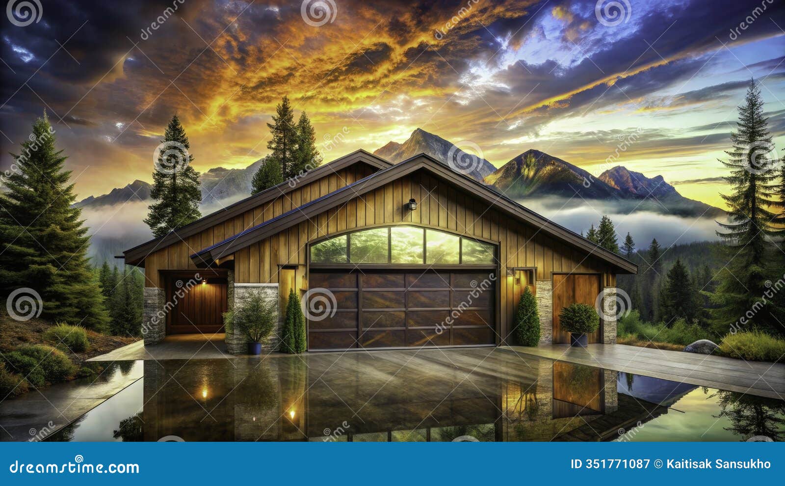 stunning double exposure photography a wooden threecar garage embraces natures beauty perfect for architecture and