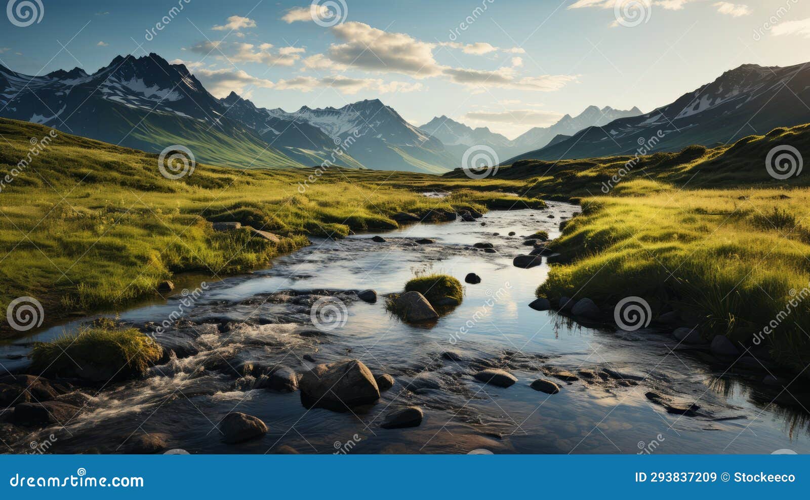 romantic landscape vistas: grass-covered stream in the mountains