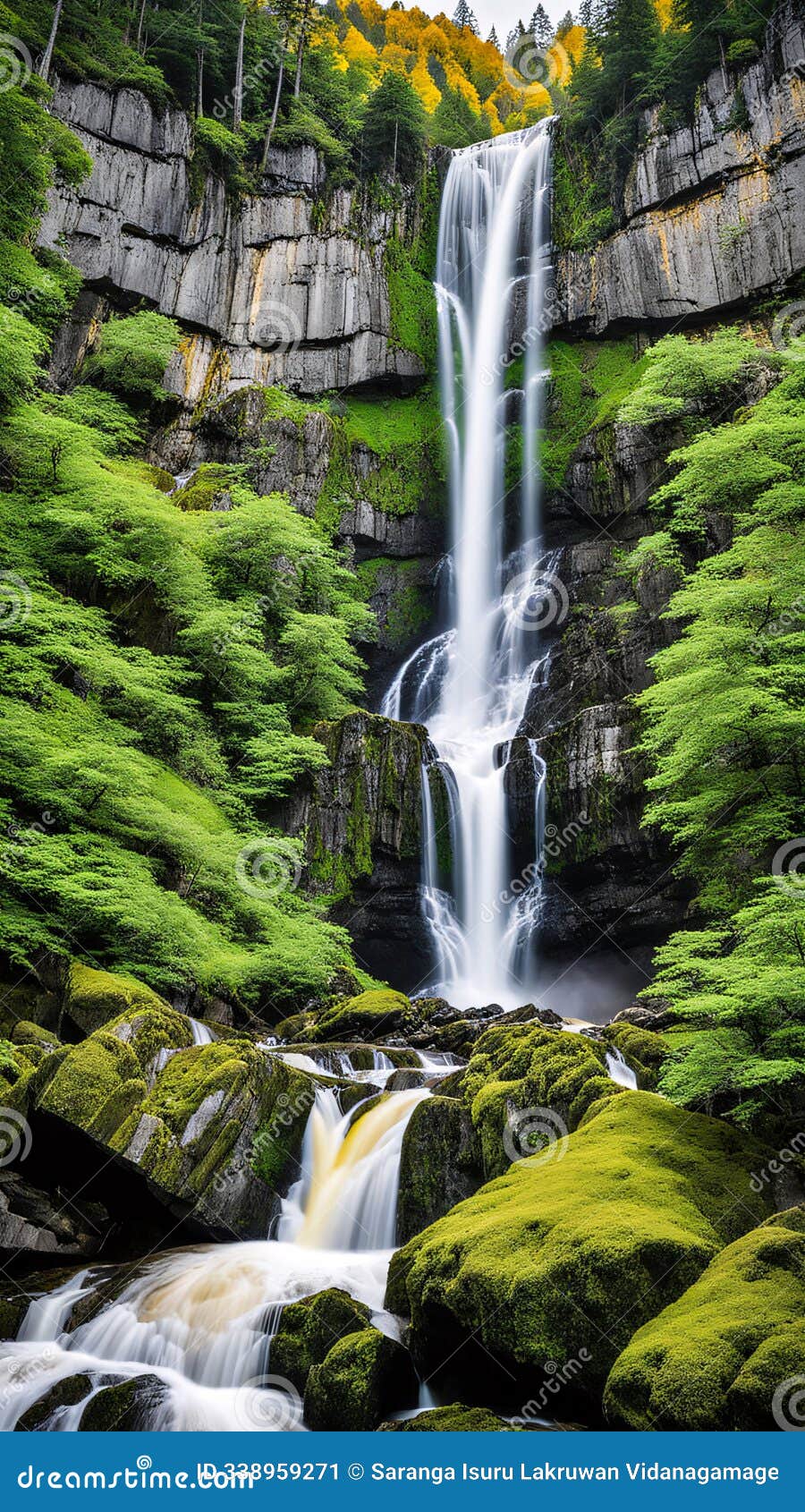 a majestic multi-tiered waterfall cascading over moss-covered rocks