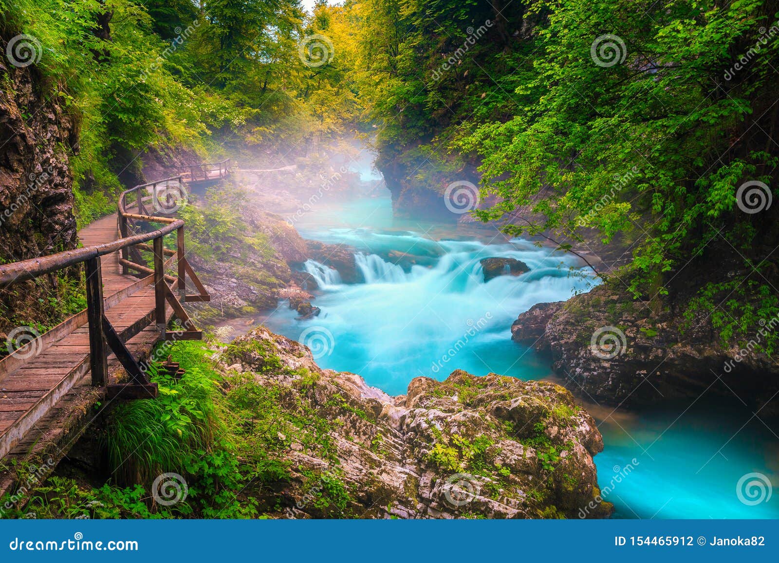 breathtaking radovna river in vintgar gorge and wooden footbridge, slovenia